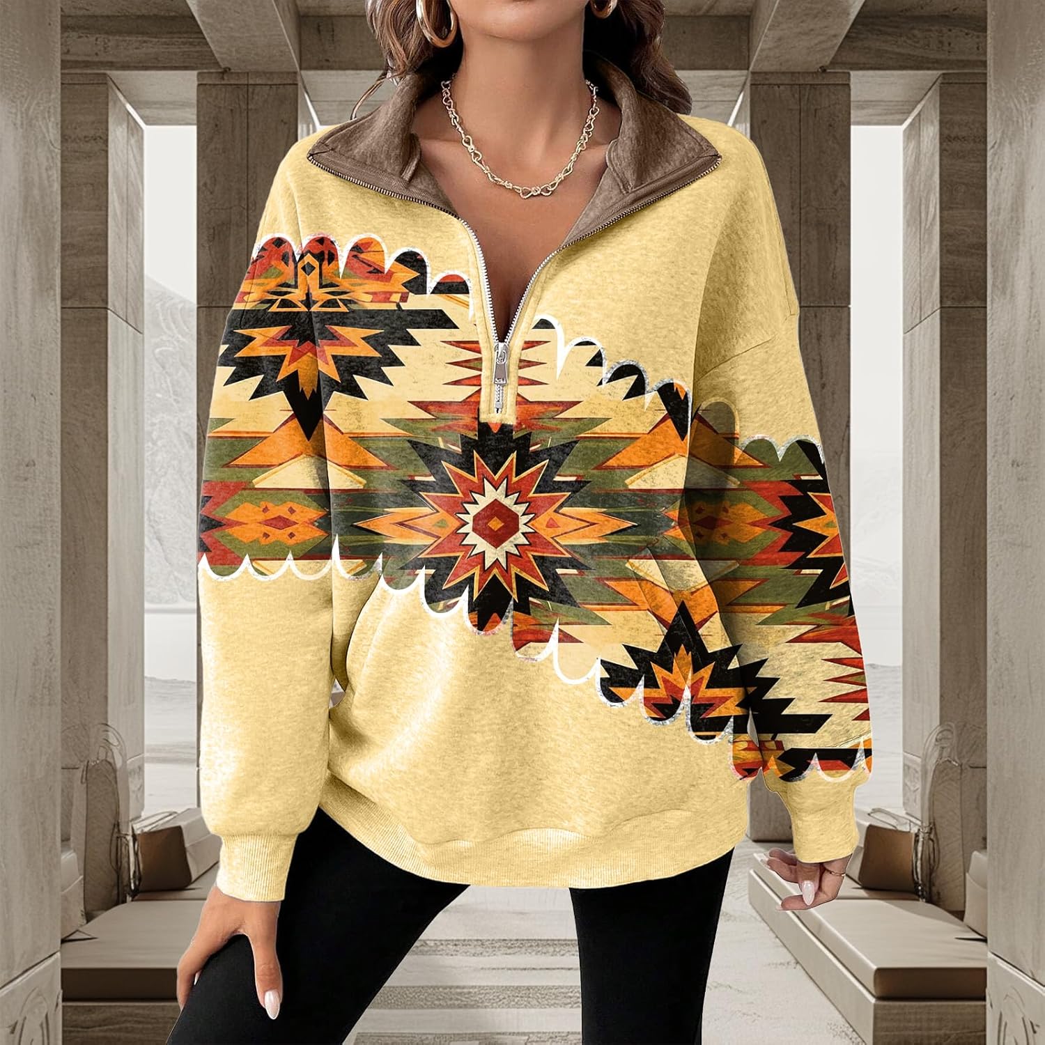 domirica Sweatshirt for Women Western Aztec Graphic Long Sleeve Half Zip Oversized Pullover Cropped Hoodies with Pockets