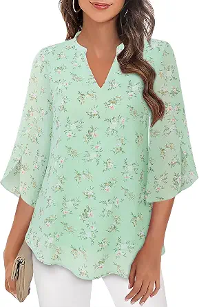 Bebonnie Women's Dressy Casual Ruffle 3/4 Sleeve V-Neck Chiffon Blouse