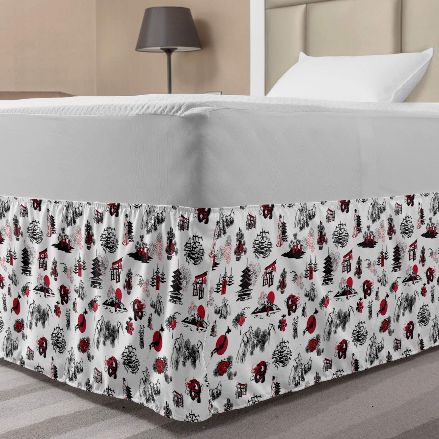 Lunarable Asian Bed Skirt Pattern with Thumbnail Symbolizing The Japanese New Year Fireworks Sun Elastic Bedskirt Dust Ruffle