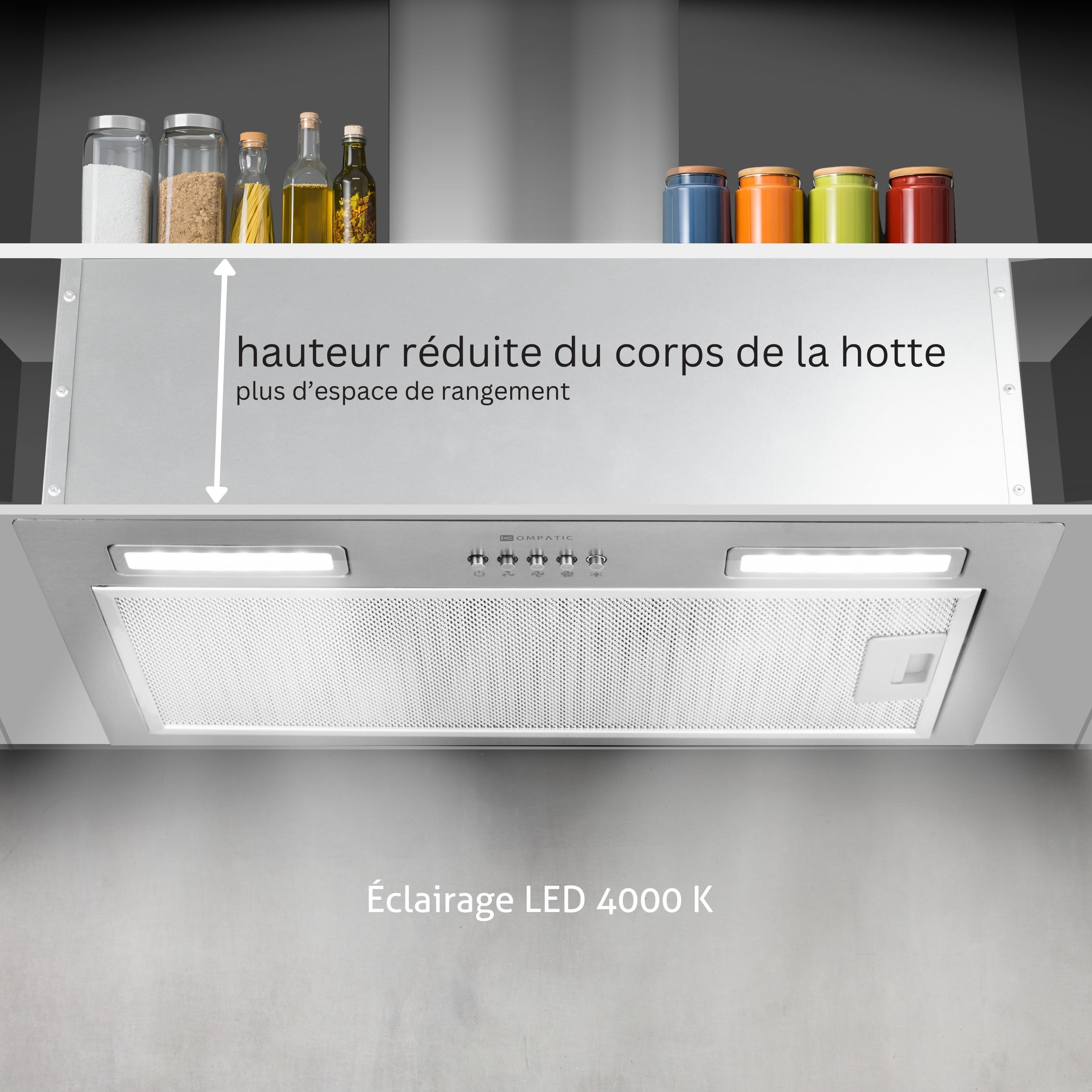 Lane 50 KLN50SI Hotte Aspirante Encastrable, A+++, 50 cm, 450 m³/h, Filtre à Charbon KCF4 Inclus, Minuterie, Contrôle électronique, LED, 3 vitesses + boost, Acier, Évacuation ou Recyclage