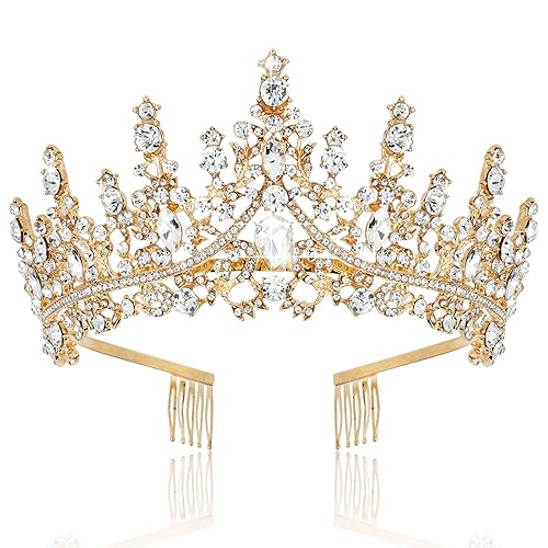 TOBATOBA Corona dorada para mujer, tiara de oro, tiara de cumpleaños, corona de reina, tiara de boda para mujer, tiaras y coronas de cristal,