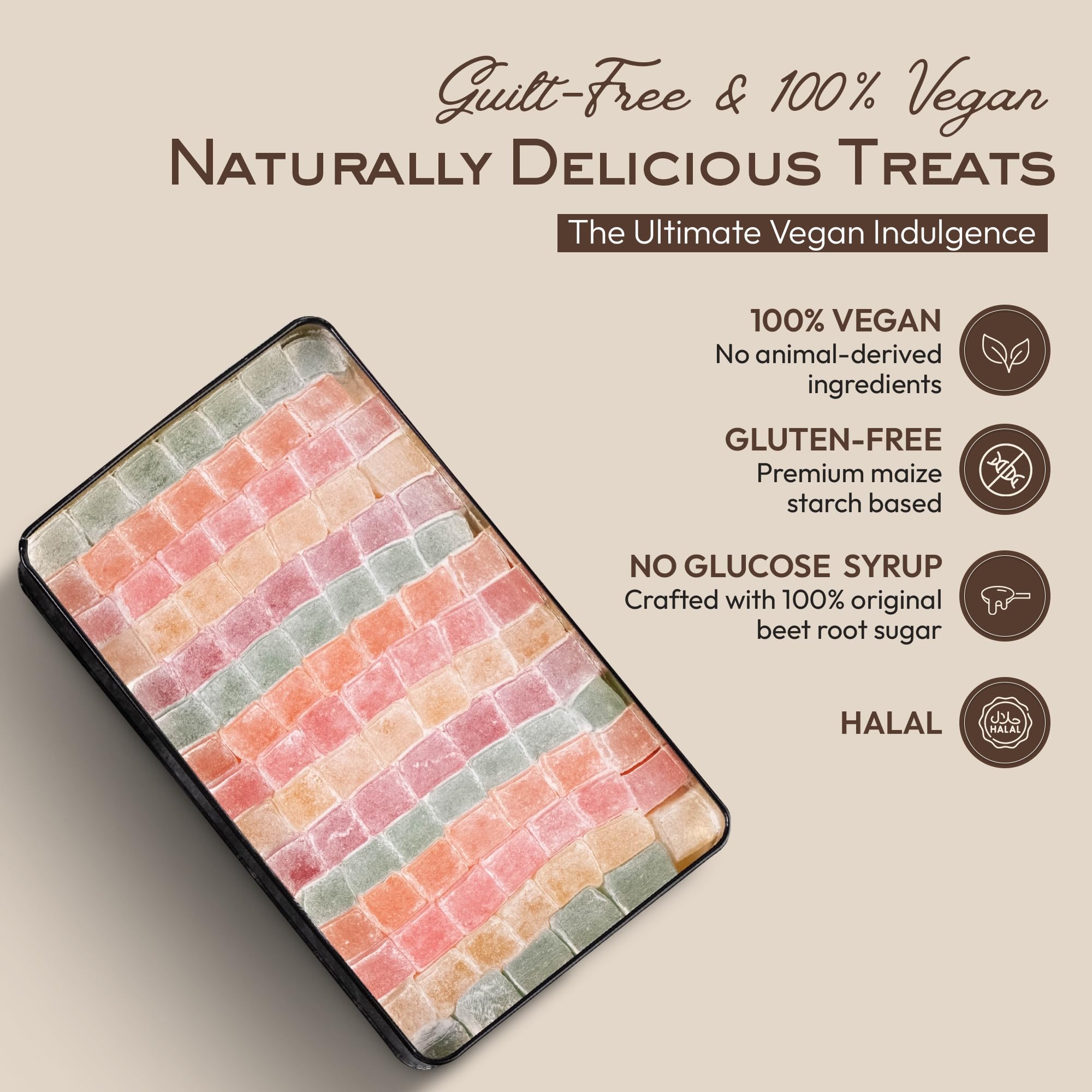 Mughe Gourmet Elegante Scatola di Latta di Caramelle Delizia Turca - 750g - Halal,Vegan Lokum con Gusti di Frutta Rosa, Fragola, Limone, Arancia, Menta - Perfette per Occasioni Speciali, Compleanni