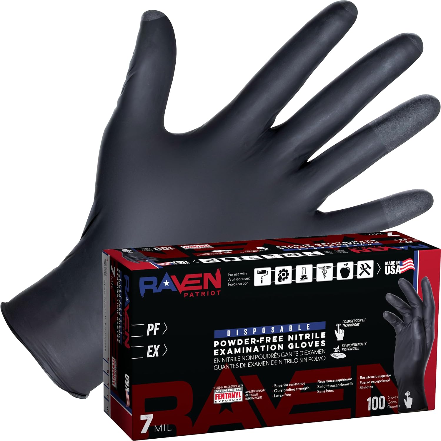 SAS Raven Patriot Powder-Free Nitrile Disposable Gloves | 7 Mil - Lrg | Black, 10 Boxes of 100| Latex Free, Compression Fit, Textured Grip | Paint, Automotive, Industrial, Janitorial, Food Service