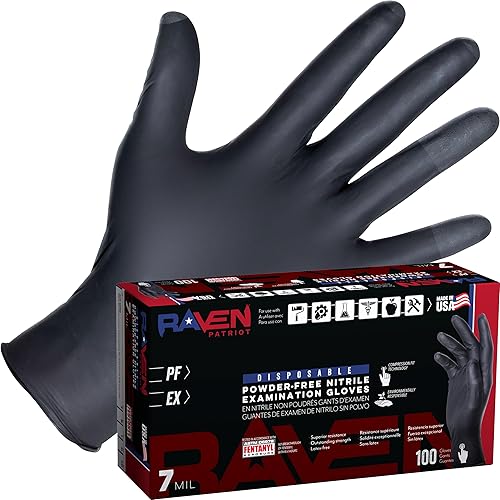 SAS Raven Patriot Powder-Free Nitrile Disposable Gloves | 7 Mil - Lrg | Black, 1