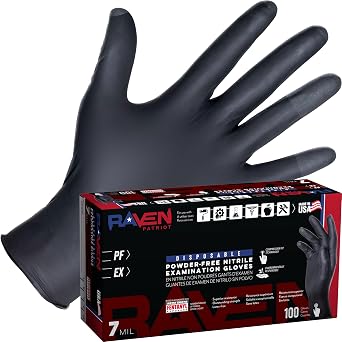 SAS Raven Patriot Powder-Free Nitrile Disposable Gloves | 7 Mil - XL | Black, Box of 100| Latex Free, Compression Fit, Textured Grip | Paint, Automotive, Industrial, Janitorial, Food Service