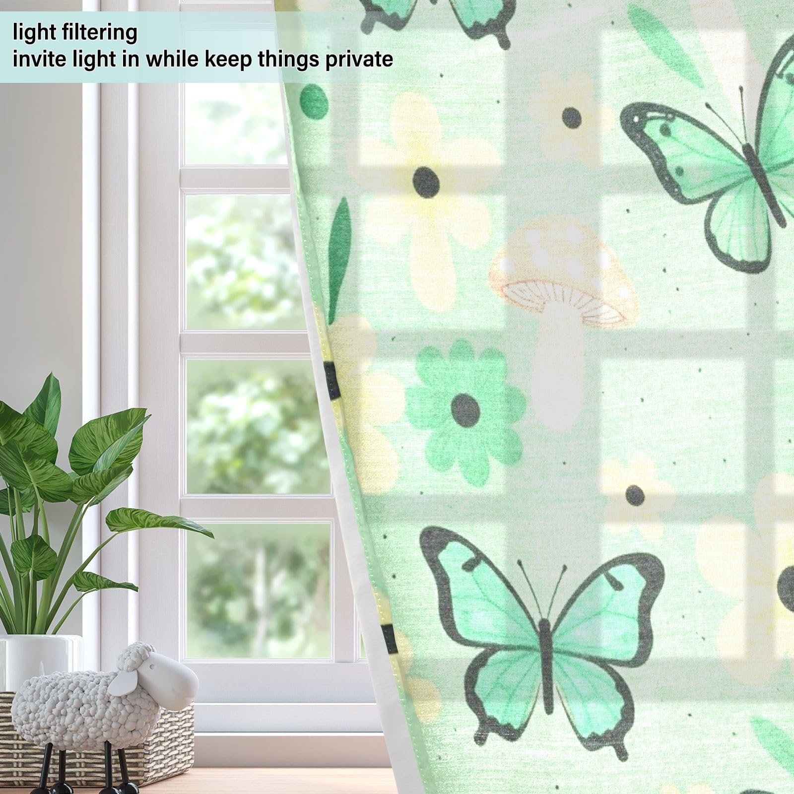 Cortinas decorativas opacas con flores verdes, mariposas, hongos, cortinas para oscurecer la habitación, 160 cm de largo, 2 paneles