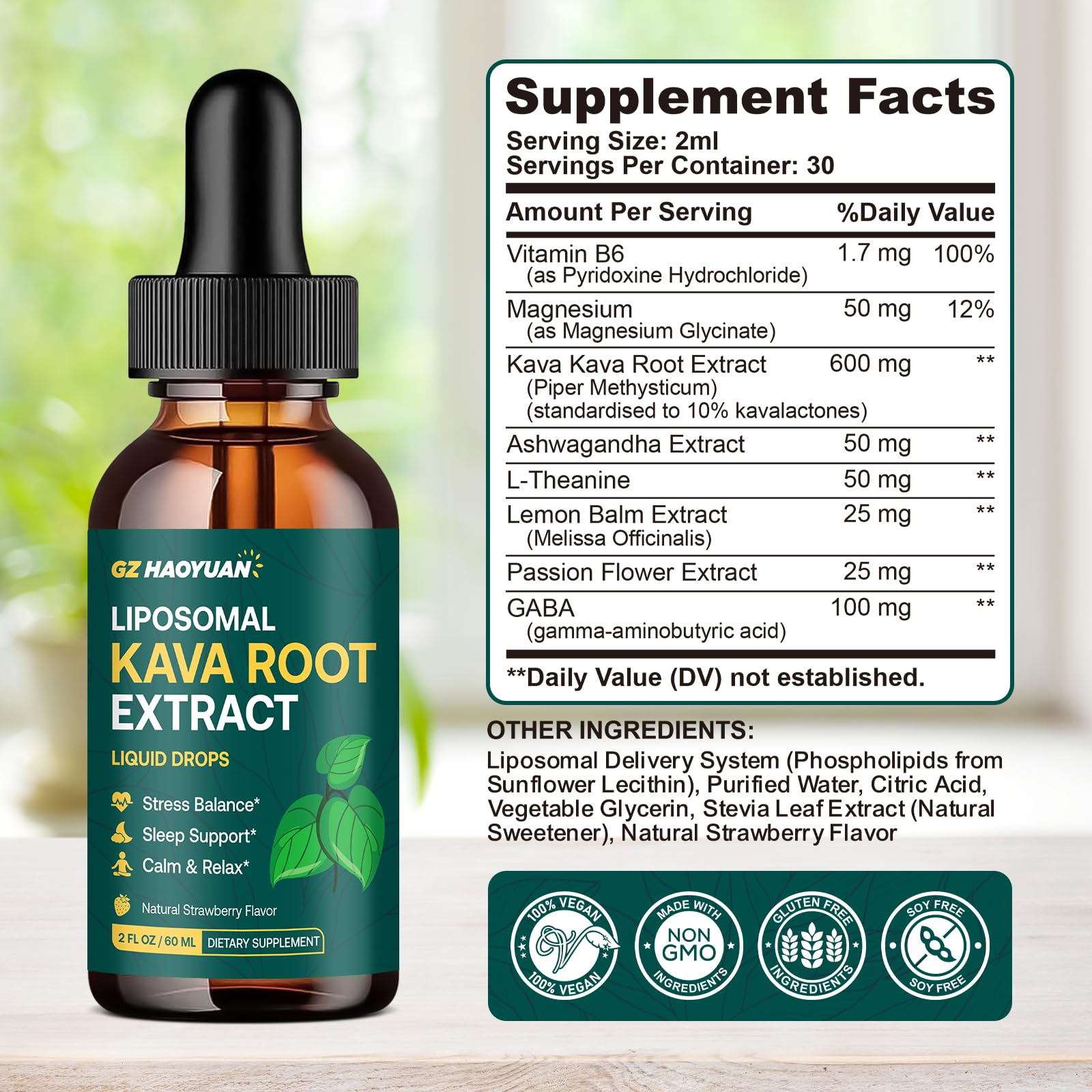 Liposomal Kava Kava Root Extract Supplement - High Absorption Kava Drops for Relaxation, Stress Relief, Cognitive & Immune Support, Vegan & Non-GMO, Strawberry Flavor 2 Fl Oz — Amazon image 8