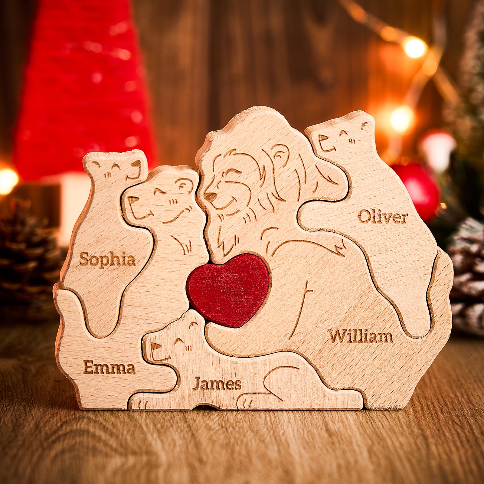 Personalised Wooden Lion Family Puzzle, Custom Engraved Wooden Puzzles with 2-8 Names, Home Decoration Mothers Day Fathers Day Birthday Gifts for Mum Dad Grandma Granny Grandpa