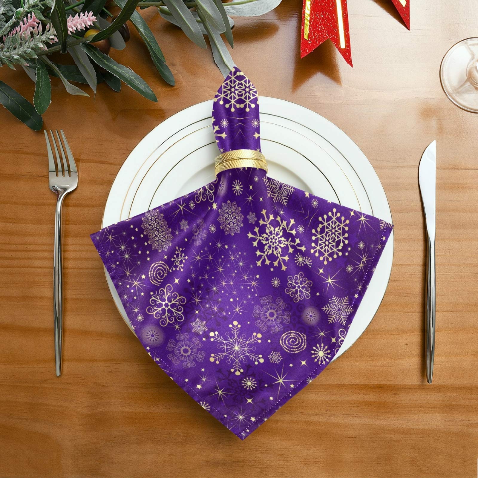 ALAZA Winter Violet Purple with Gold Snowflakes Christmas Cloth Napkins Dinner Napkins 1 Piece,Reusable Table Napkins Washable Polyester Fabric for Cocktail Party Holiday Wedding Home Decorative