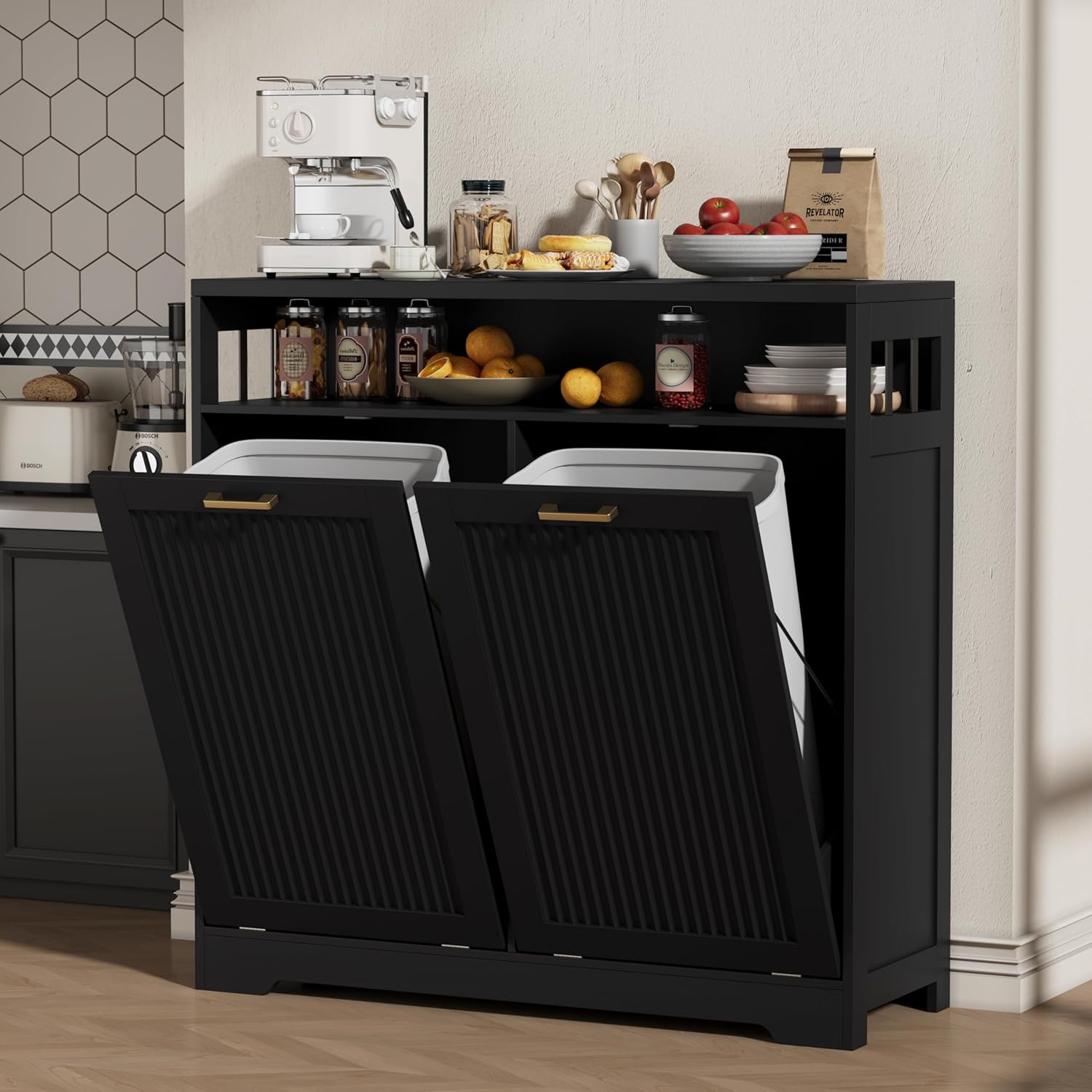 2 x 13 Gallons Double Tilt Out Trash Can Cabinet, Hidden Fluted Garbage Can Cabinet with Open Storage Shelf, Wooden Trash Can Holder for Kitchen, Living Room, Bathroom, Laundry Room, Black
