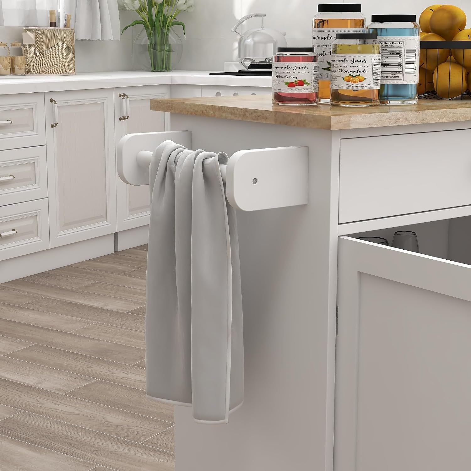 RASOO Kitchen Island on Wheels White Rolling Trolley Cart Island Cart Storage Cabinet with Rubber Solid Wood Countertop One Drawer and 2 Doors Towel Rack, 32.68"x17.72"x36.02"(LxWxH)