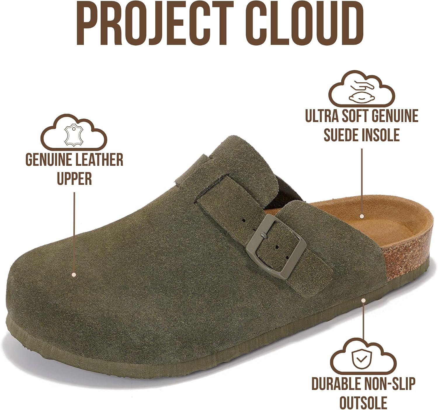 Project Cloud Mens Clogs - 100% Full Grain Genuine Leather Clogs for Men with Memory Foam Insole and Arch Support Natural Cork Footbed - Non Slip Mules Mens Slippers (Brooklyn)