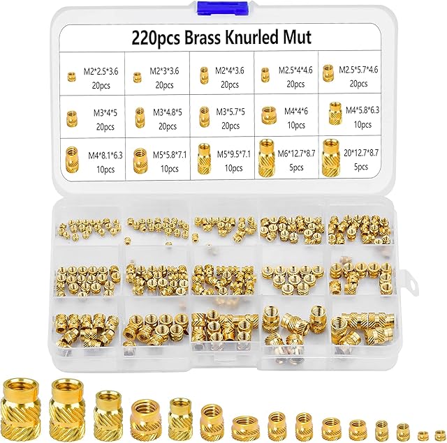 GLORHA 220 Pieces Knurled Brass Nuts, M2 M2.5 M3 M4 M5 M6 Thread Knurled Insert Nut Assortment Kit for 3D Printing Projects