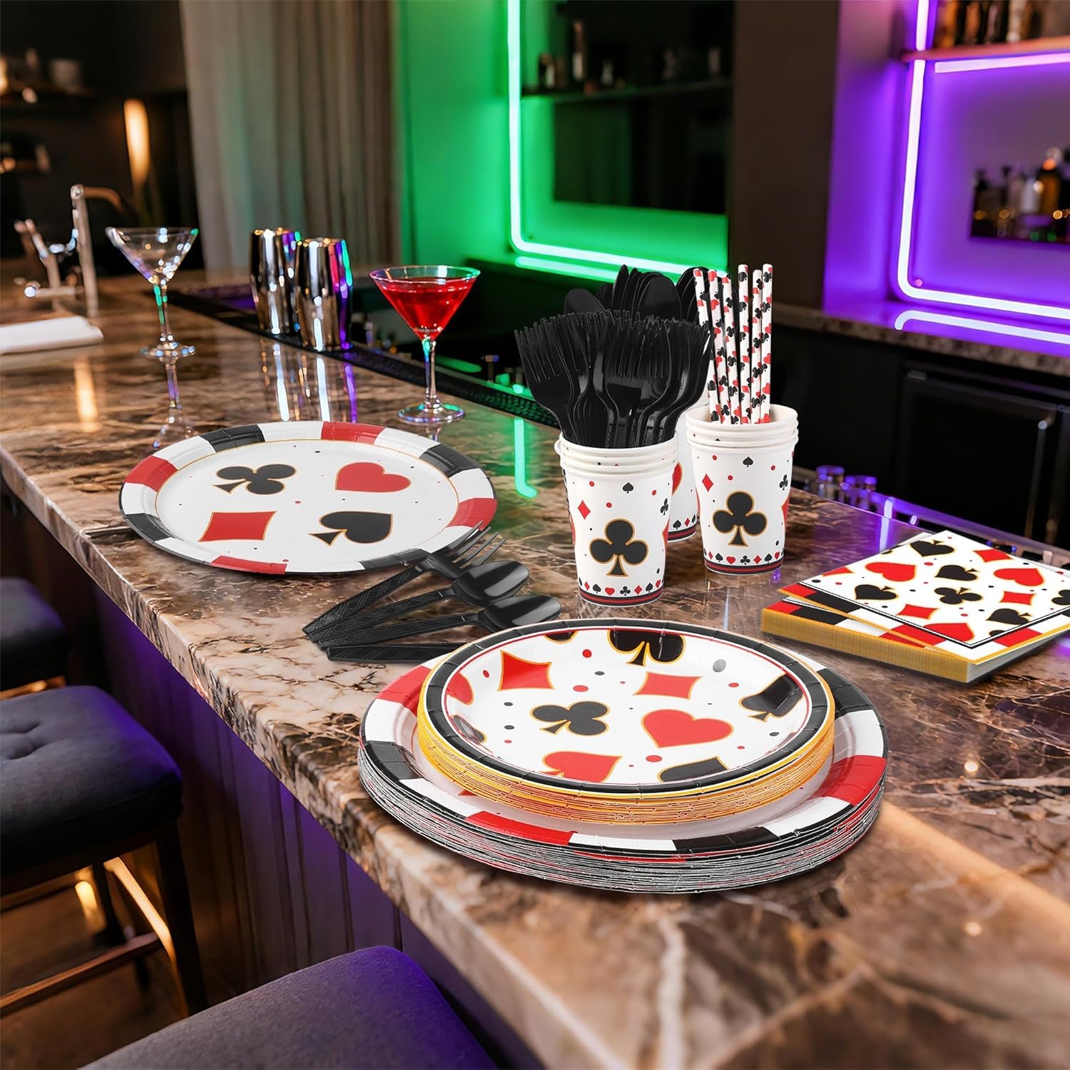 Kochorie 147 PCS Casino Party Supplies Set for 16 Guests Disposable Plates Cups Napkins Cutlery Straws Casino Theme Party Decorations for Poker Night Vegas Birthday Game Night