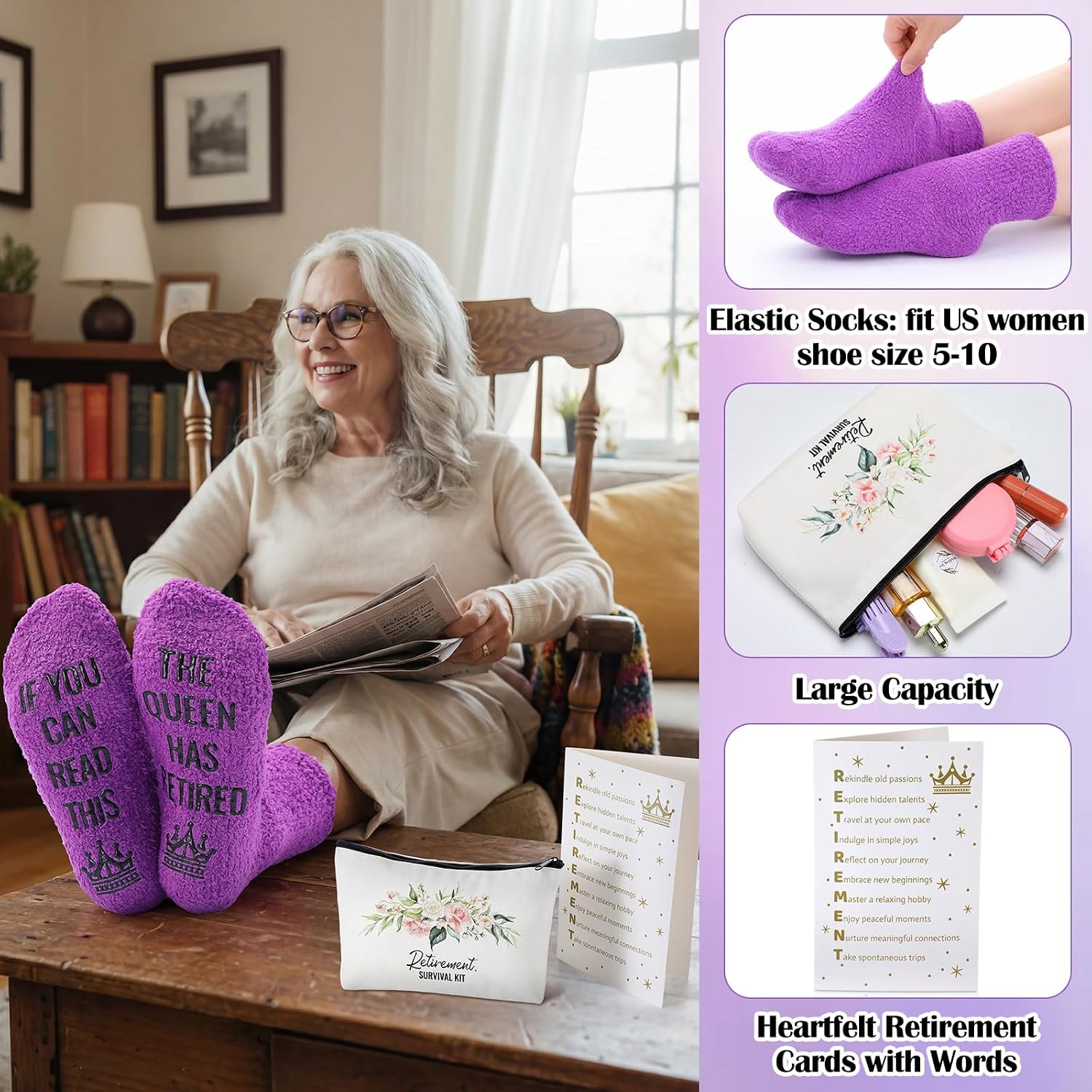 6 Pcs Retirement Gift Set for Women 2026 Happy Retired Ideas Presents Greeting Card Cosmetic Pouch Tote Bag Wine Bag Socks Glass for Female Teacher Nurses Coworker Grandma Mom Friends Boss