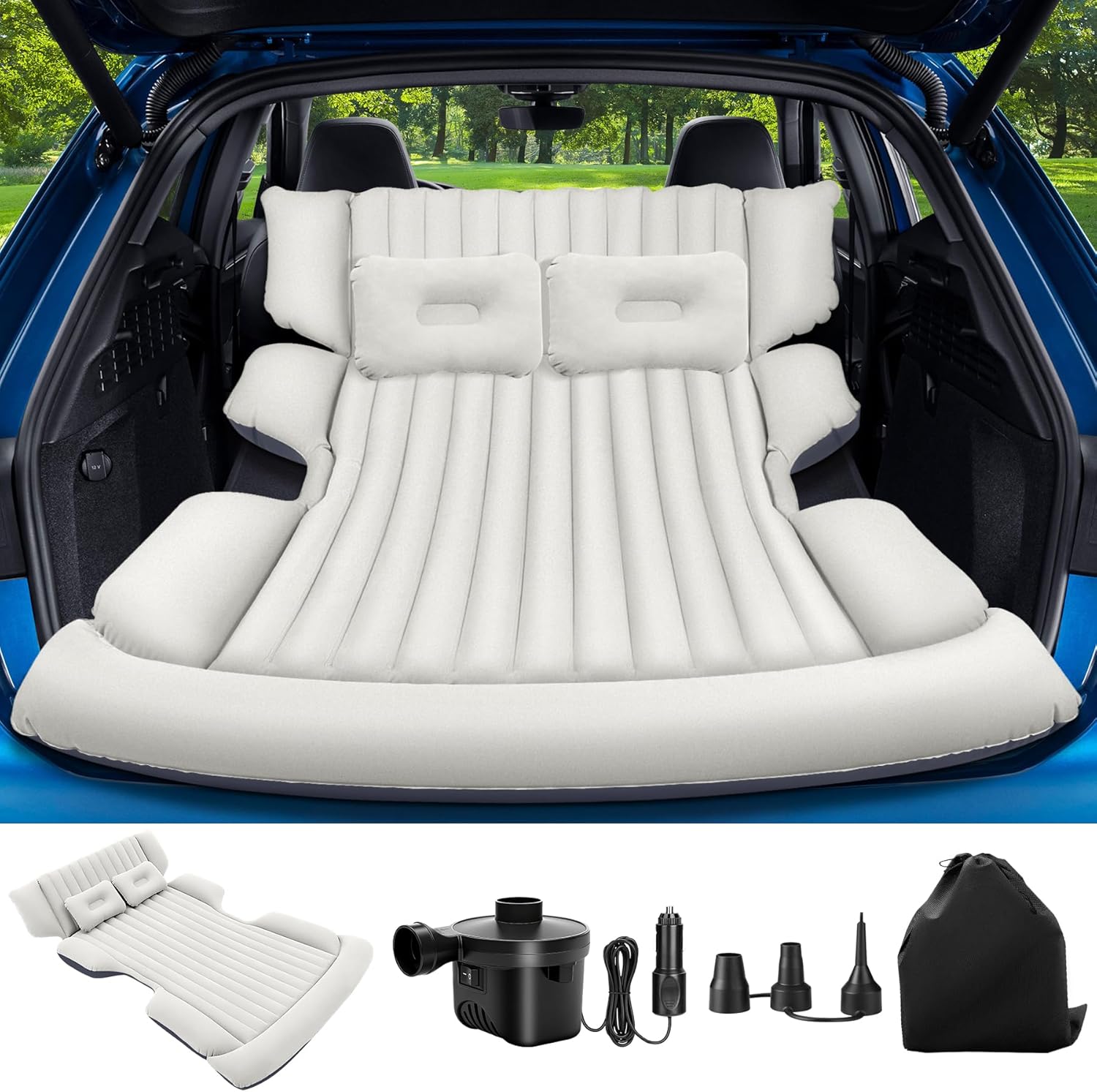 SUV Air Mattress with Air Pump,Thickened Camping Bed with 2 Pillows,Portable Car Air Mattress,Quick Easy Set-Up,Inflatable Bed for car,Durability Car Bed for SUV,Home,Travel,Camping(GreyWhite)