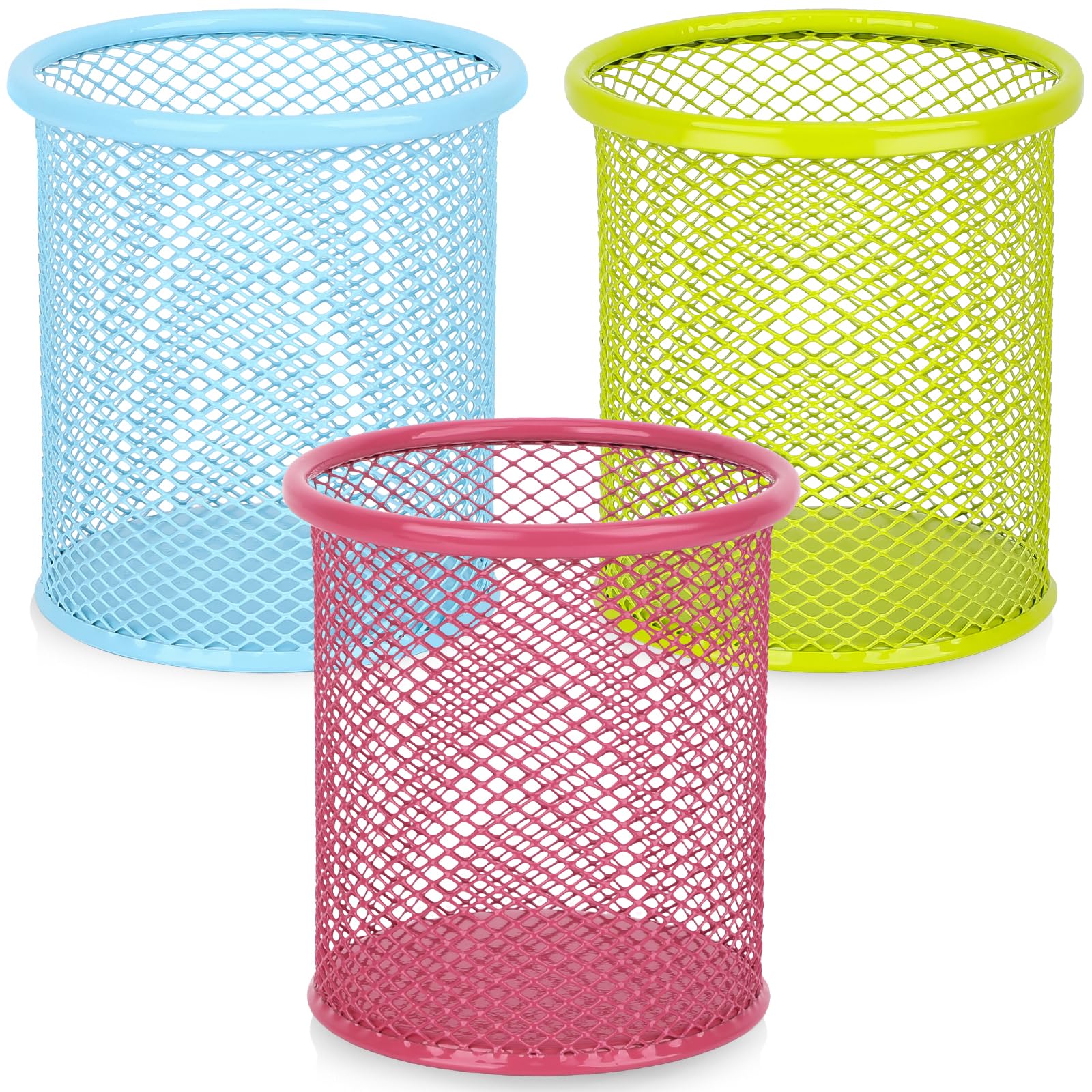 Segarty Pen Cup, 3 Pack Assorted Colors Round Pen Holder for Desk, Wire Mesh Pencil Cups Holder Desktop Accessories Organizer for Office Supplies,