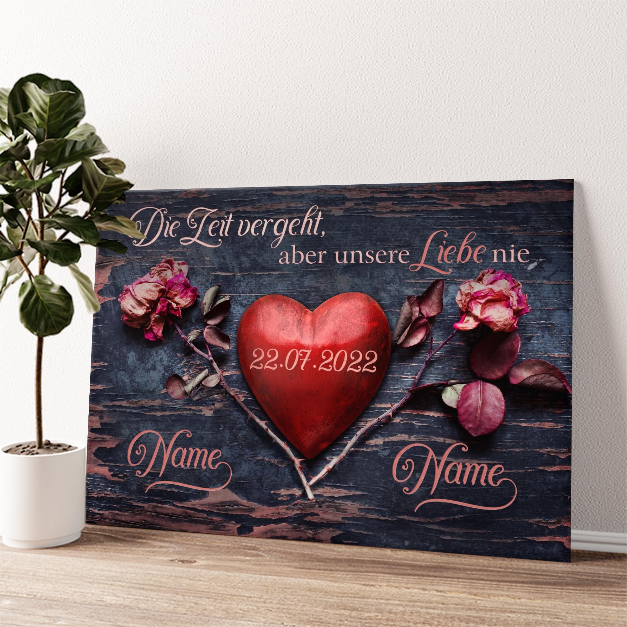 Liebesleinwand Individuelles Wandbild | Jahrestag, Hochzeitstag Geschenke für Frauen | Leinwand mit Namen und Datum gestalten | Unsere Liebe vergeht nie