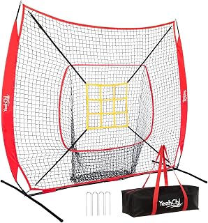 YeahChi 7x7FT Baseball Pitching Net with Strike Zone Target - Sturdy Bow Frame, Stable Base for All-Ages Practice