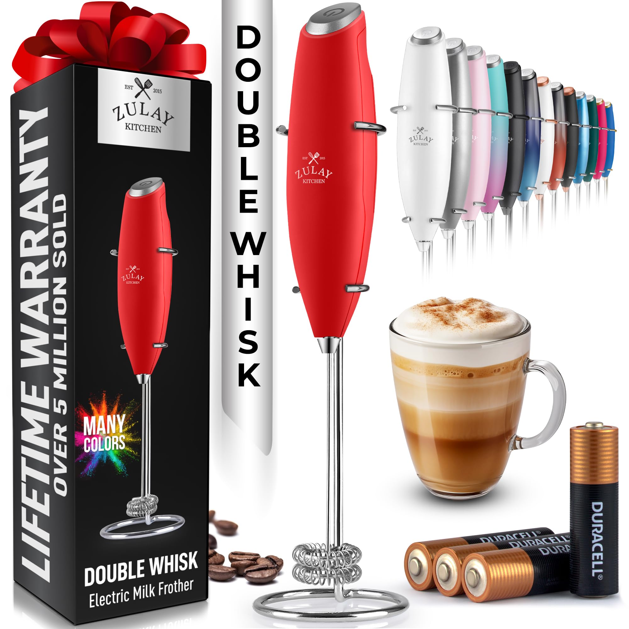 Zulay Kitchen Whisk Milk Frother with 4 Duracell Batteries - Powerful Handheld Foam Maker for Coffee, Lattes, Matcha, Hot Chocolate & Cappuccinos - Whip Creamy Froth in Seconds