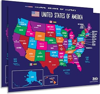 ZOCO – United States Map with Capitals Poster (2-Pack) – Laminated 17x22 – Educational USA Wall Chart for Kids – North America Geography, Social Studies Classroom Decor