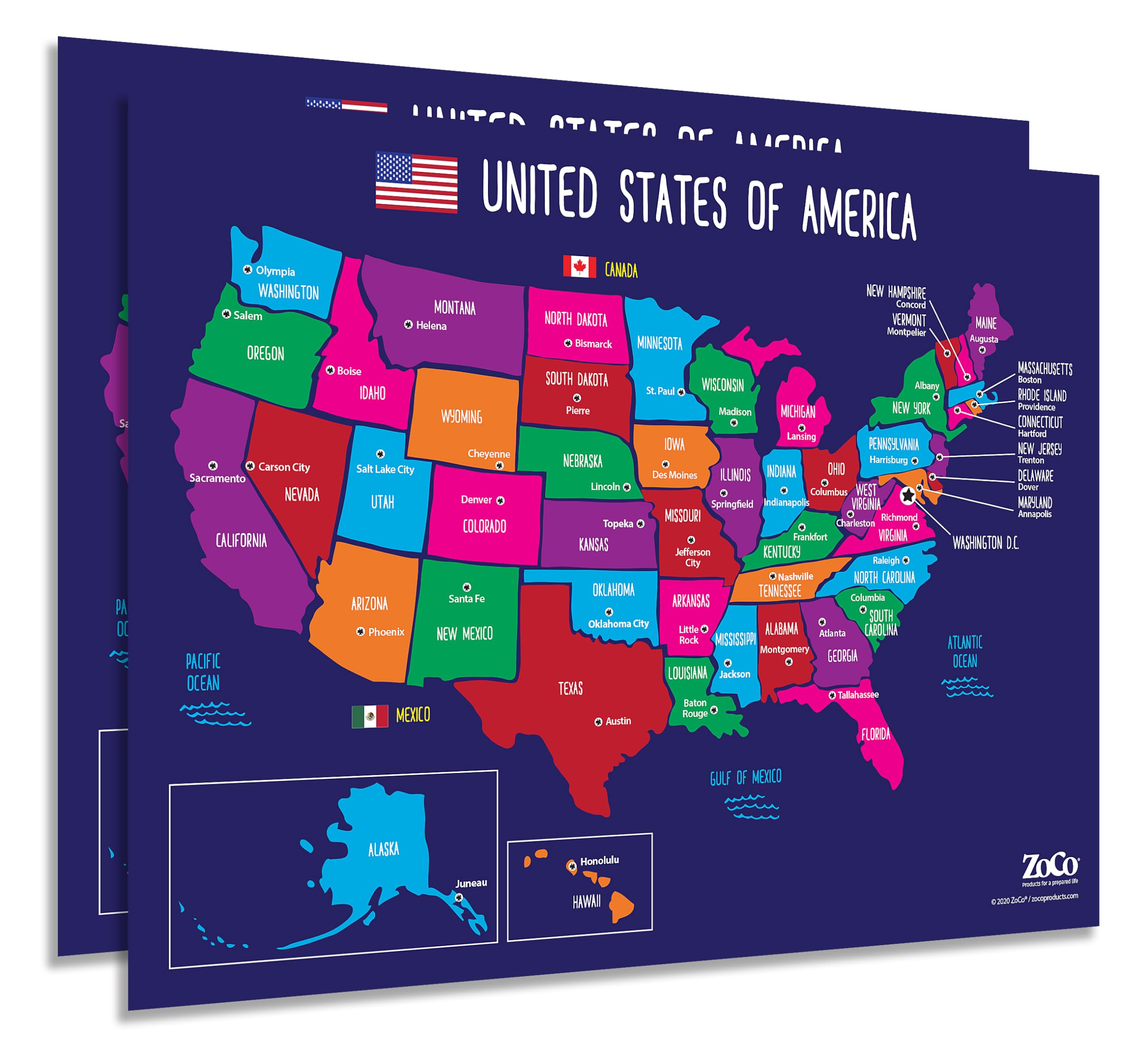 ZOCO – United States Map with Capitals Poster (2-Pack) – Laminated 17x22 – Educational USA Wall Chart for Kids – North America Geography, Social Studies Classroom Decor