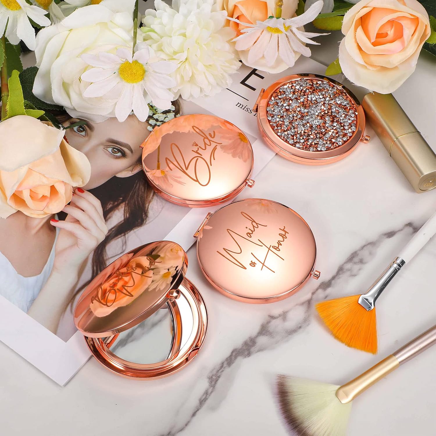 Roowest 8 Pcs Bridesmaid Proposal Gifts Set Bridesmaid Compact Mirrors Magnifying Makeup Double Sided for Purse Pocket for Women Wedding Bridal Shower Gifts Party Favors(Rose Gold) - Image 4