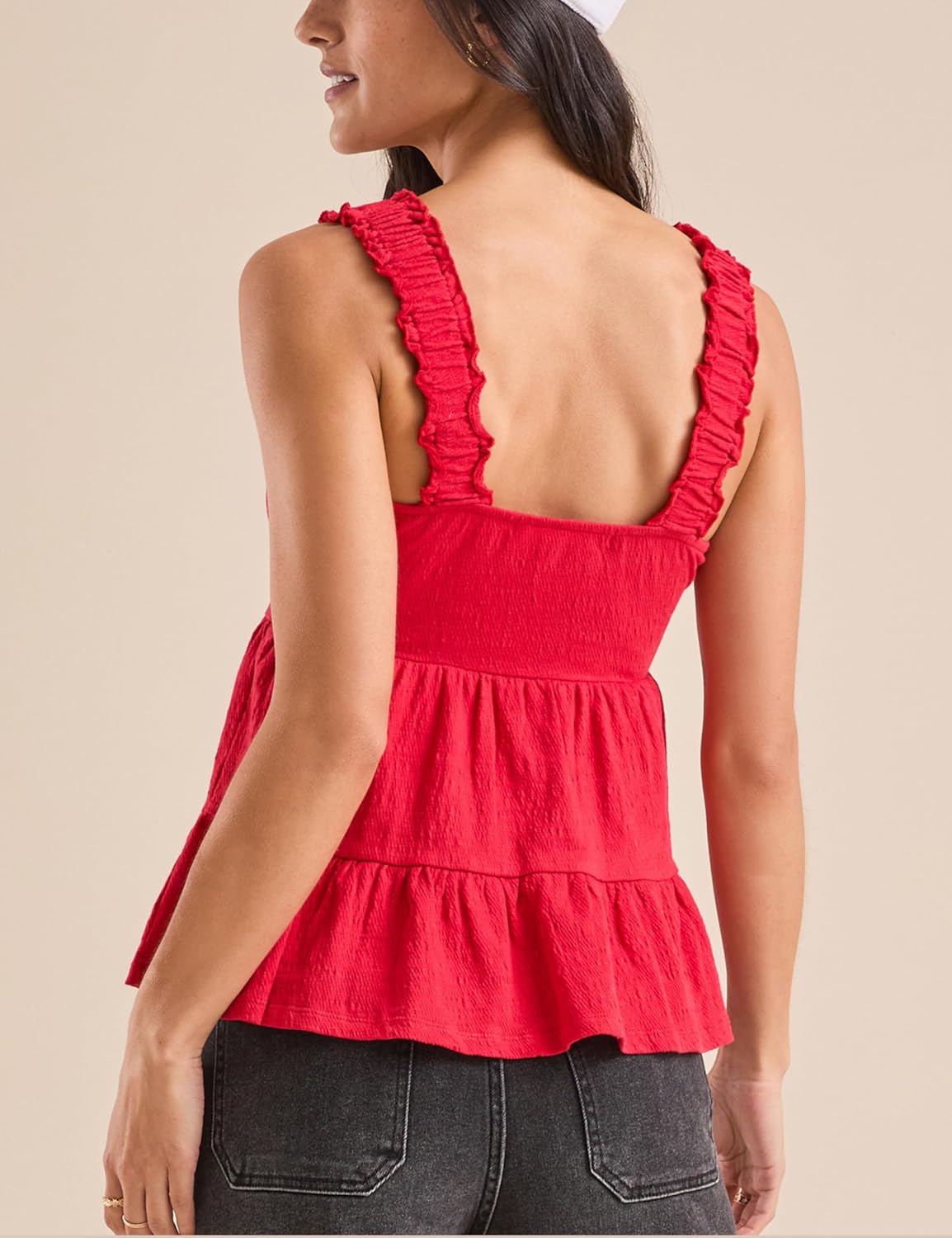 Esmeling Women Summer Tiered Tank Tops Square Neck Ruffled Strap Sleeveless Tops Flowy Hem Babydoll Blouse - Image 2