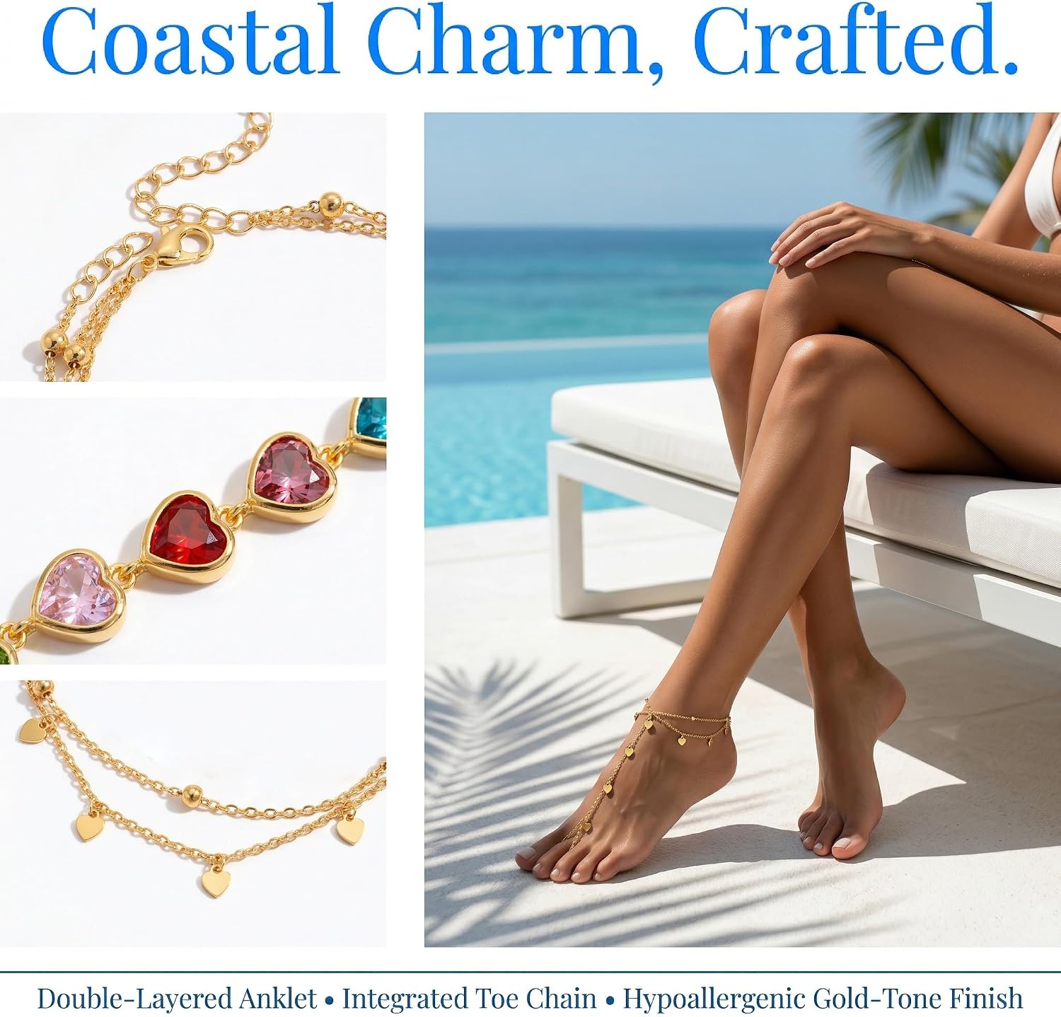 Golden-Tone Link Chain Anklet and Toe Ring Jewelry set for women | Adjustable Link Chain Anklets Jewelry set Colorful Crystal Charms, Star and Heart Accents Summer Beach Boho Foot Jewelry