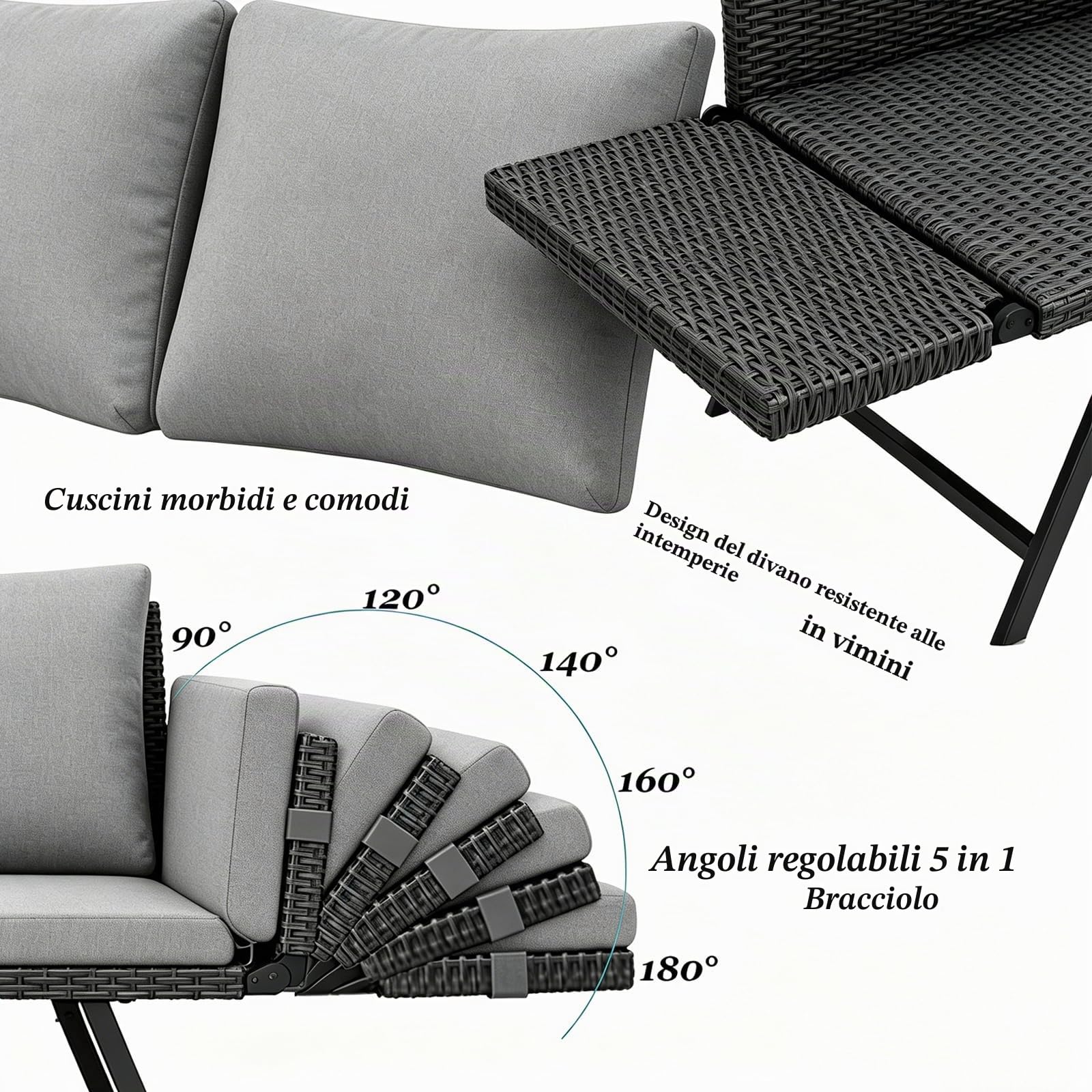 Divano da giardino a 2 posti con funzione allungata, divano regolabile, braccioli pieghevoli, divano letto esterno con cuscino, panca da giardino in polyrattan per mobili da balcone, terrazza