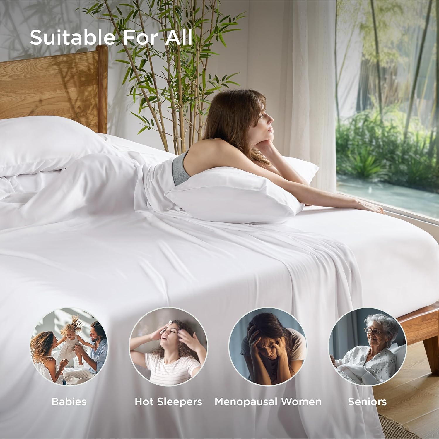 Bedsure Queen Sheet Set, Cooling Sheets for Queen Size Bed Set, Rayon Derived from Bamboo, Breathable & Soft, Deep Pocket Up to 16 Inches, Hotel Luxury Silky Bedding for Hot Sleepers, White thumbnail