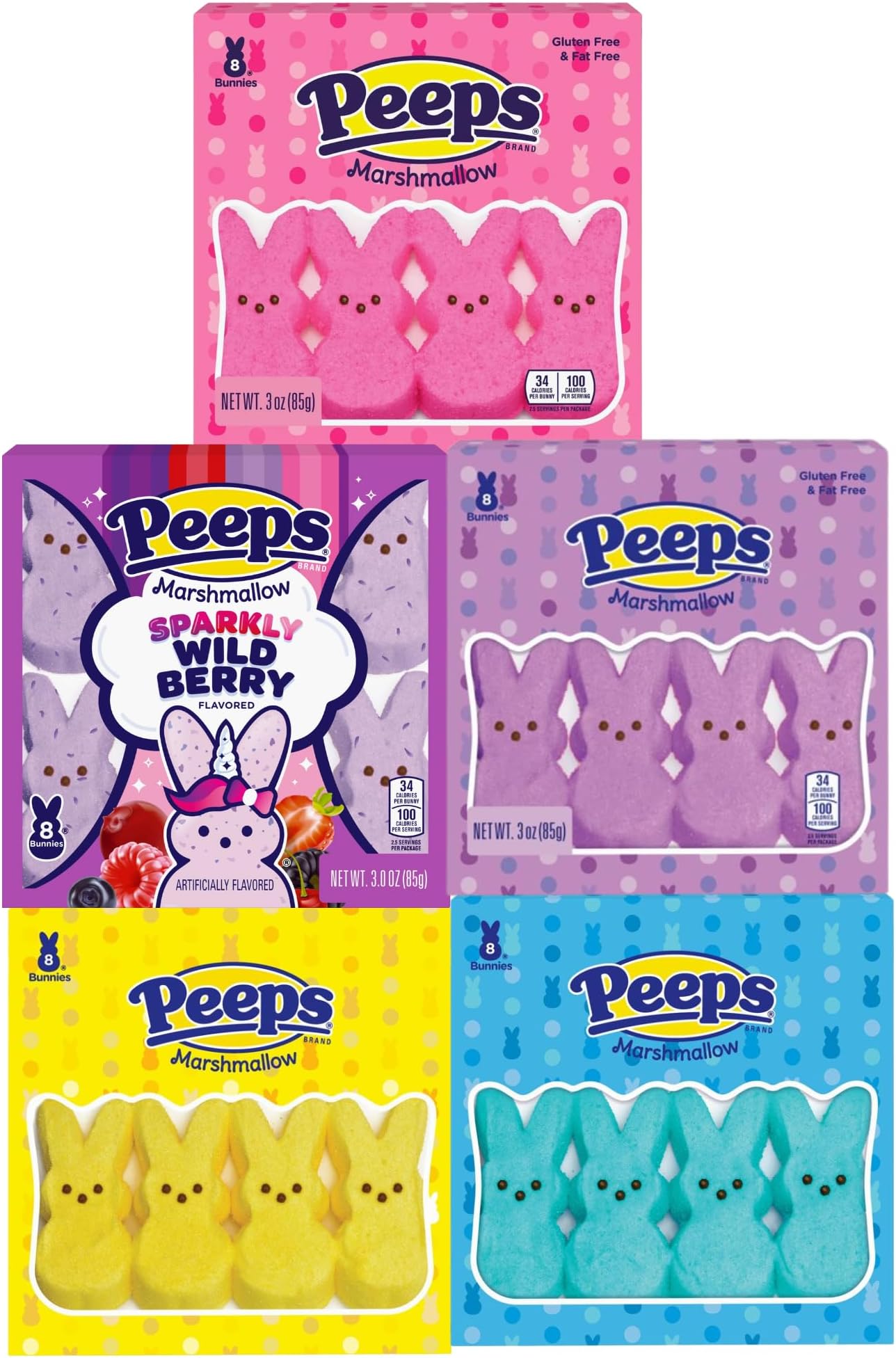 Peeps Marshmallow Candy Easter Variety Pack, Wild Berry and Pink Blue Purple and Yellow Original Flavored Bunny Shaped Marshmallows, Basket Stuffers for Peep Lovers, Pack of 5