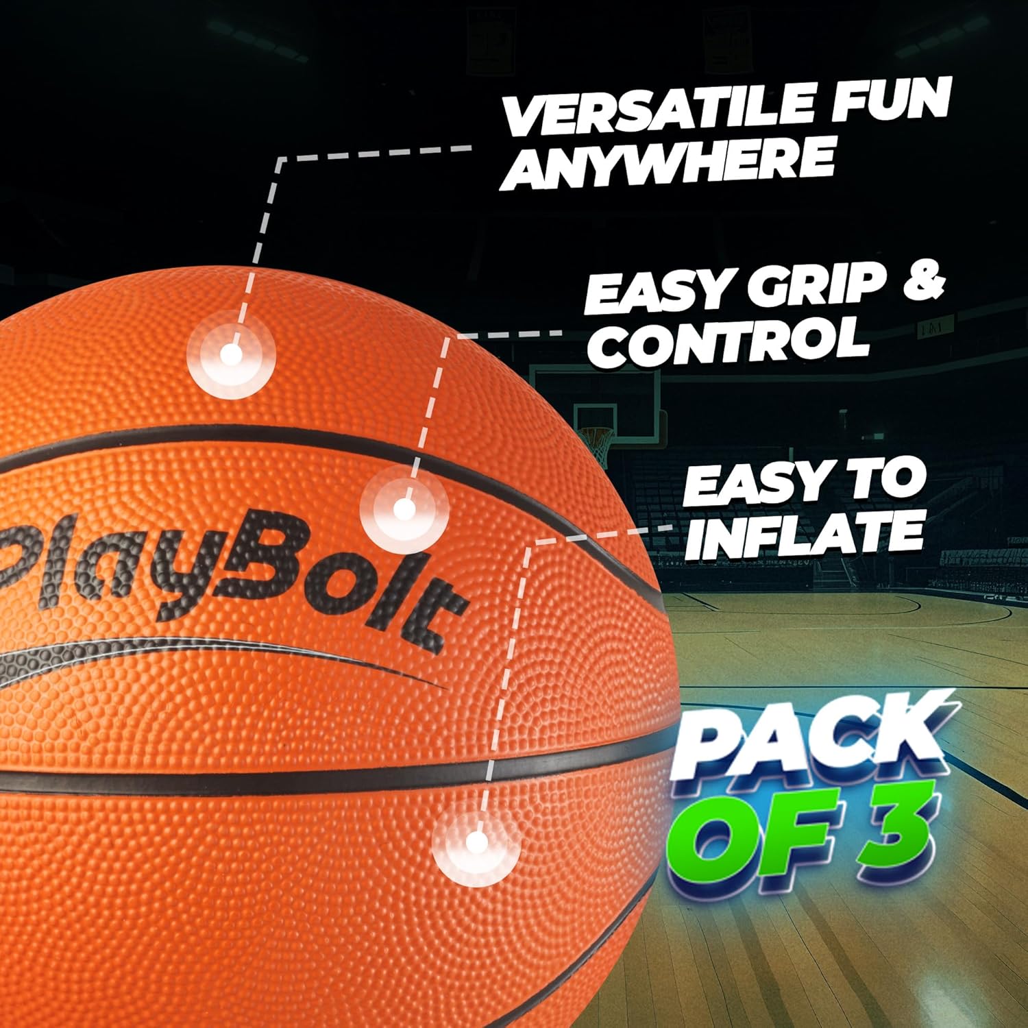 PlayBolt Size 3 Mini Basketballs (3 Pack) - 7-Inch Junior Rubber Basketball Set with Pump - Youth Beginner Kids Basketballs for Backyard Pool Parties, Arcade Games, Practice, Indoor & Outdoor Play