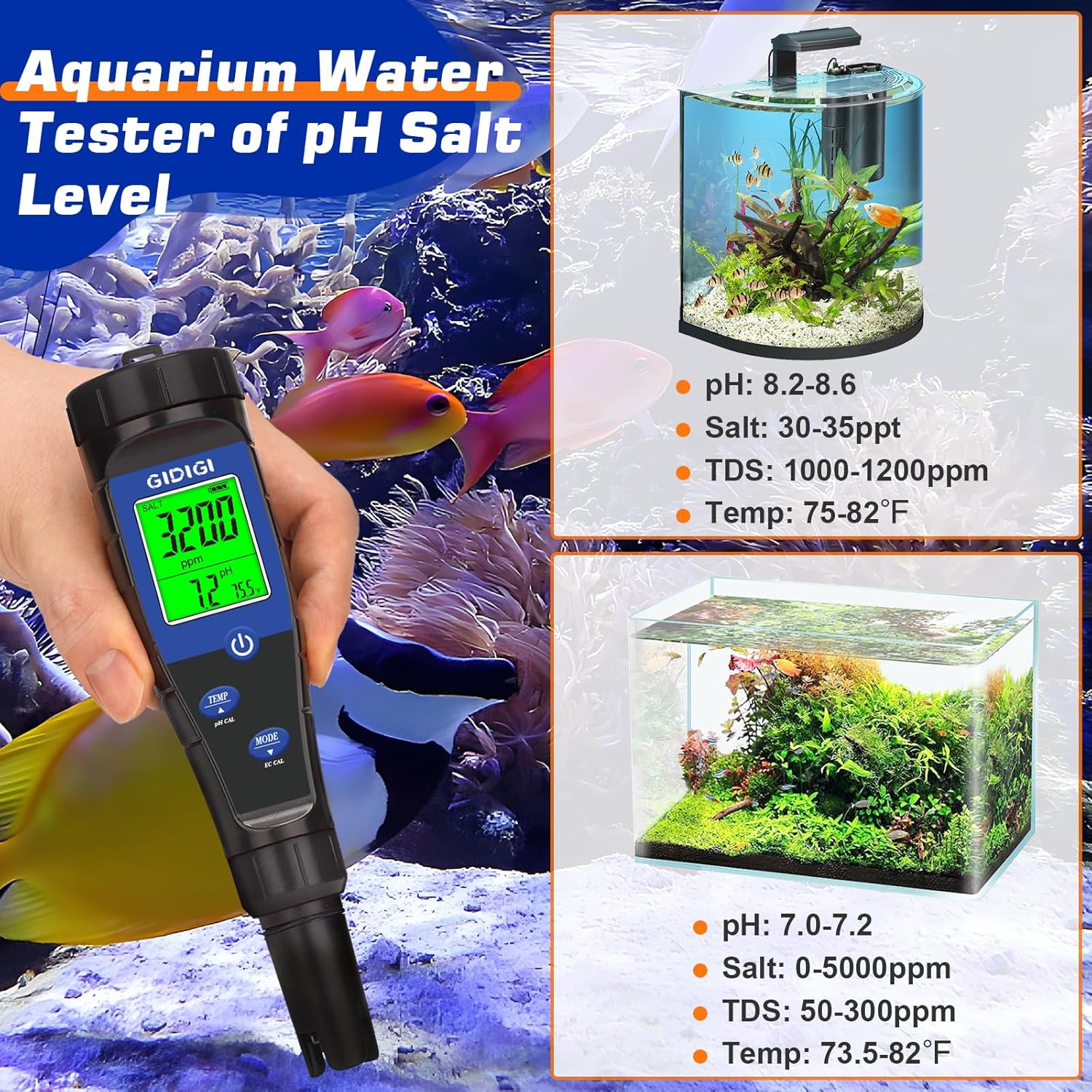 Salt Tester for Pool, pH Meter Digital 5-in-1 pH TDS EC Salt Content Meter with Calibration Solution Set, pH ppm Meter for Salt Water Pool, Aquarium, Hot Tub, Spa, Hydroponics, Home Brew