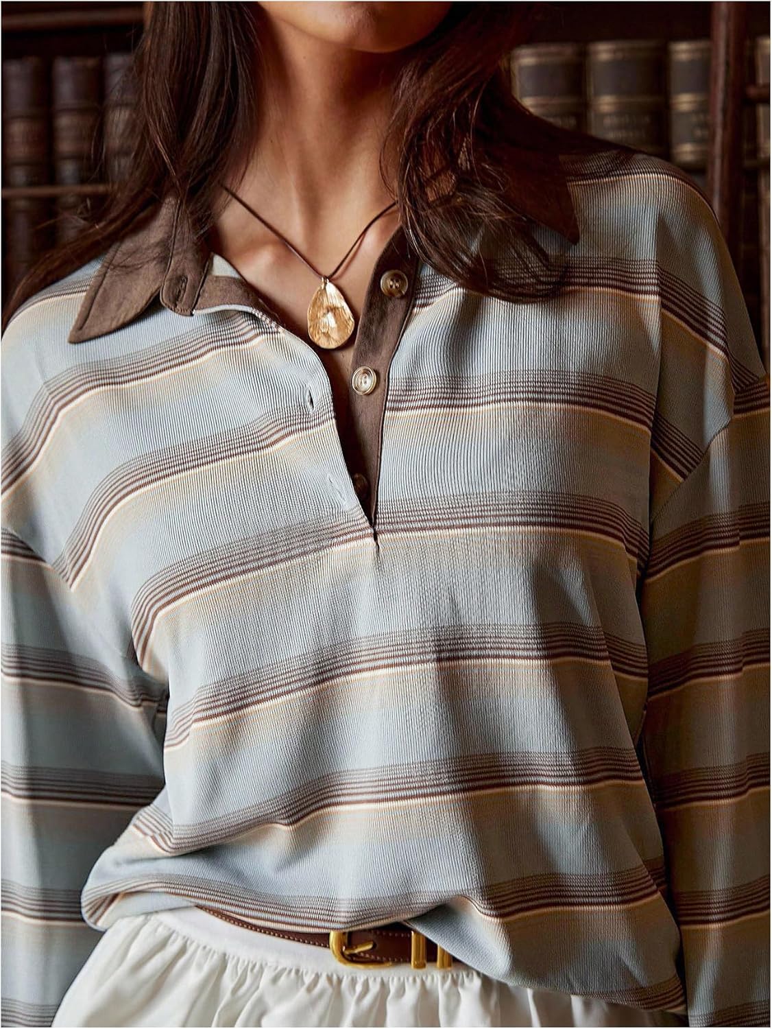 MakeMeChic Women's Striped Rugby Shirt Collared Long Sleeve Preppy Tee Tops - Image 4