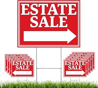 | Estate Sale Yard Signs | 24 W x 18 H Inches | Metal Ground Step H-Stake 24" x 10" | Double Sided Corrugated Plastic | Highly Visible Weatherproof UV Ink Outdoor Yard Signs for Estate Sale Made in the USA (Pack of 10)