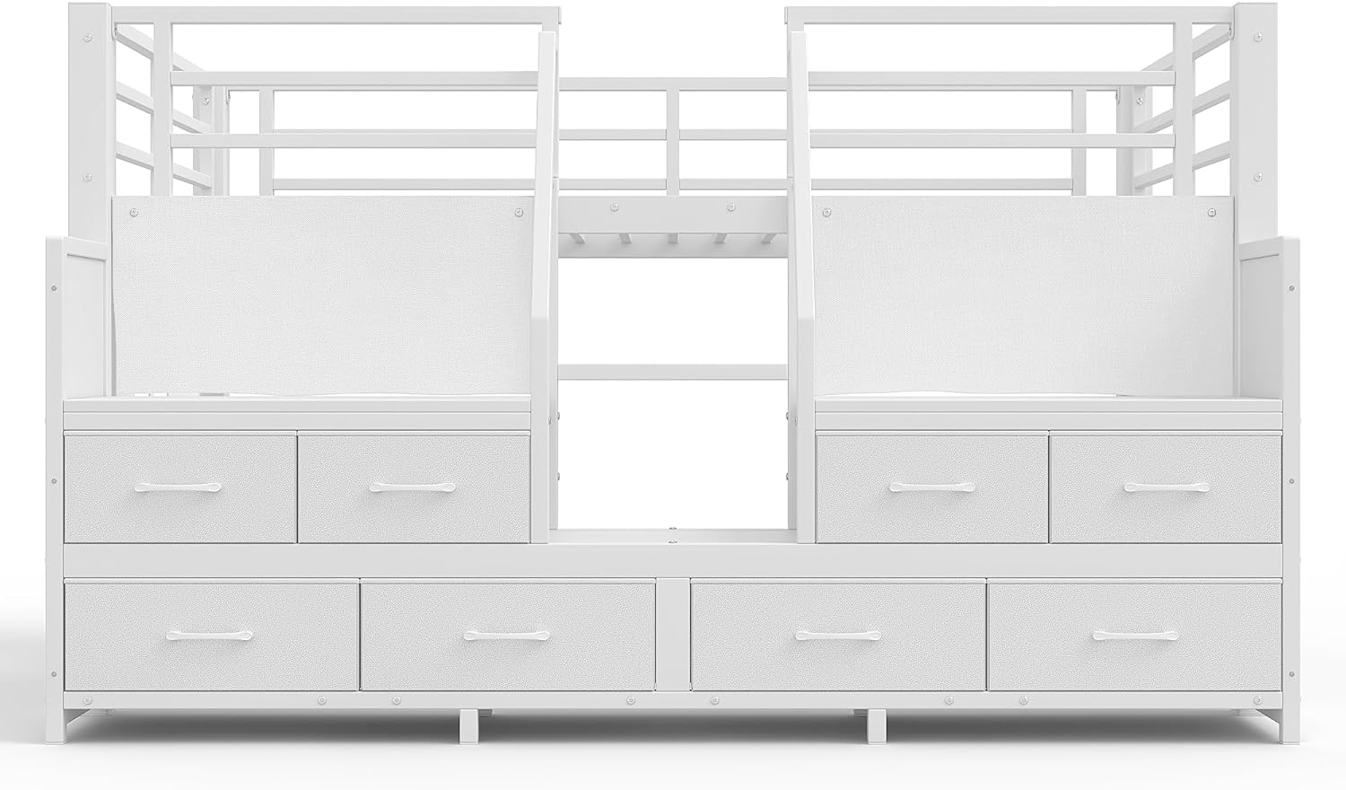 LUMISOL Twin Low Loft Bed with Storage for Teens, Play Loft with Stairs, 8 Fabric Drawers and Shelves, Metal Low Play Bed with Lights and Under-Bed Spaces, White