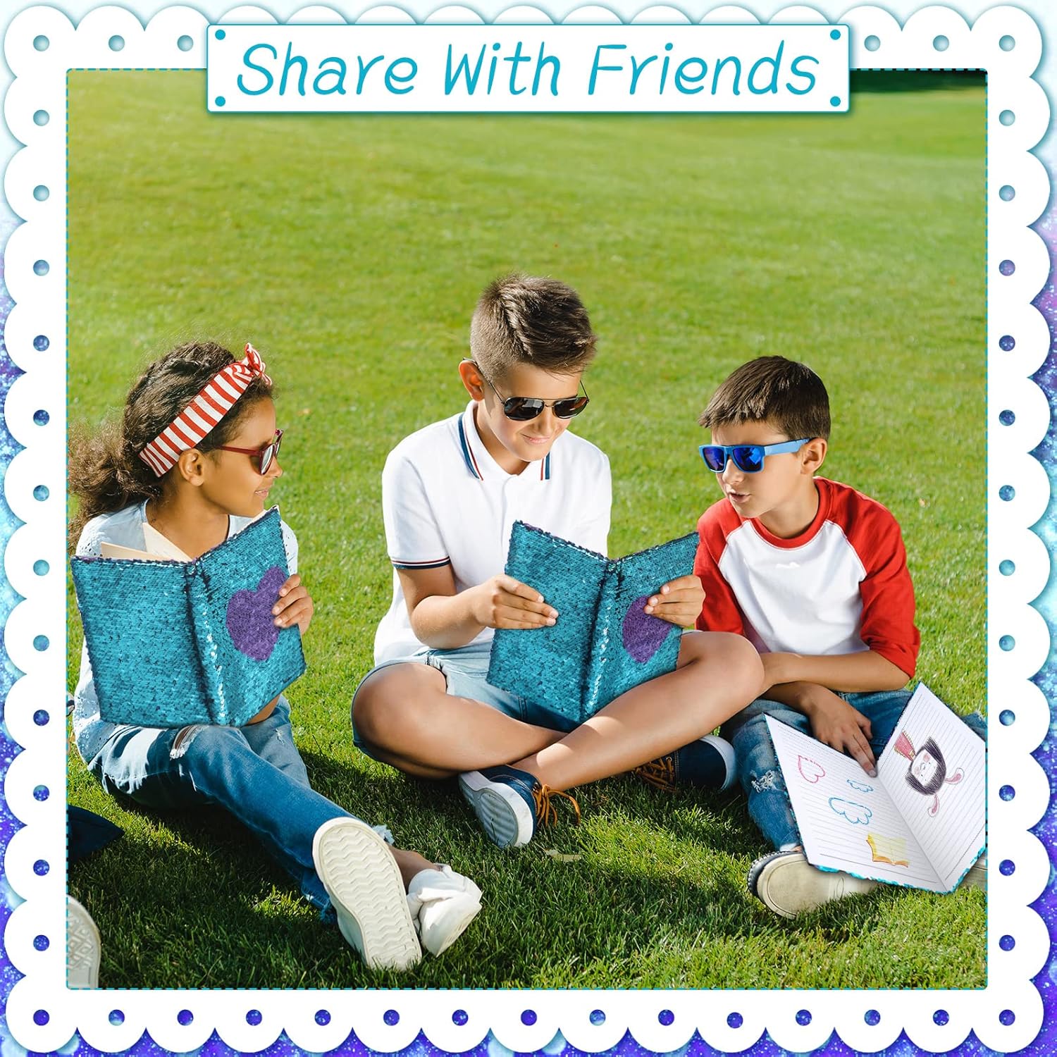 Outus 4 Pcs Sequin Girls Journal Valentines Journal Gift with Color Gel Ink Pens Glitter Notebook Flip Writing Diary for Kids Girl Writing Drawing Travel Gifts(Blue Purple,Heart)