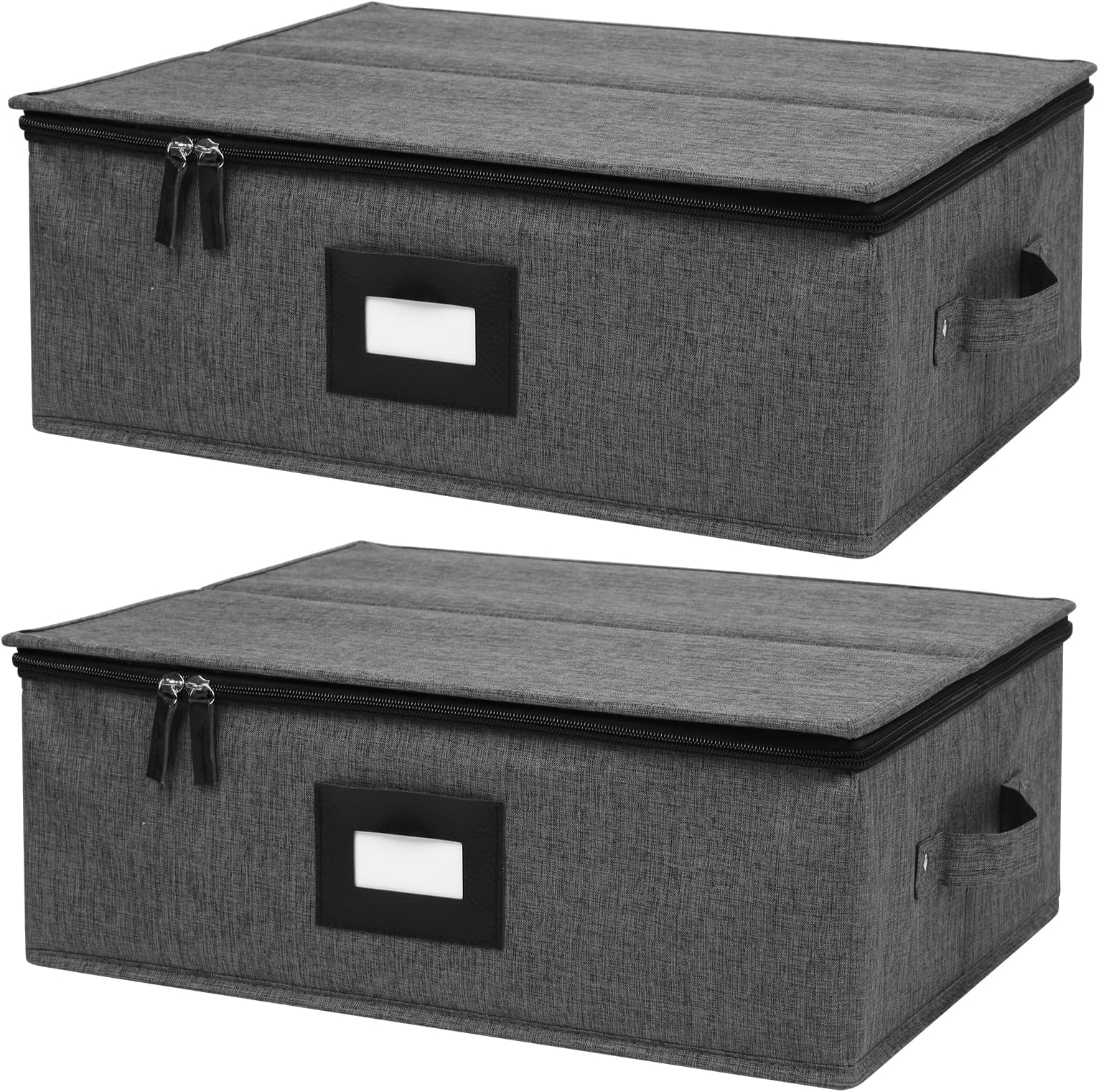 Mug Storage Box with Dividers 2 Pack , Hard Top Cup Storage Containers for Coffee Mug & Tea Cup, Stackable Coffee Mug Storage Box with Zipper Lid & Rivet Reinforced Handles (17"L x 13"W x 6" Black)