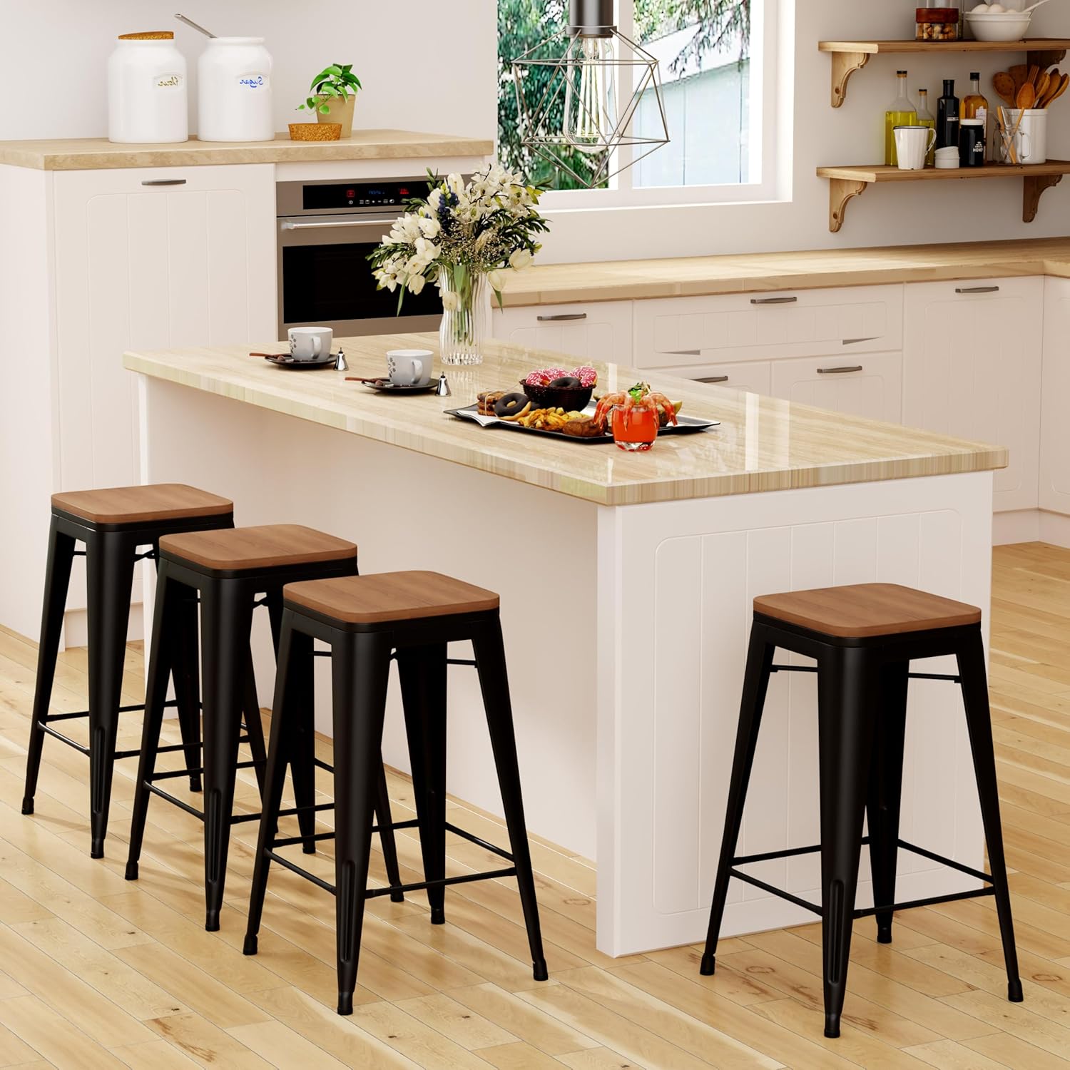 Andeworld Bar Stools Set of 4 Stackable Metal Bar Stools Industrial Counter Height Stools Backless Barstools with Wooden Seats (24 inch, Matte Black with Wooden Seats)