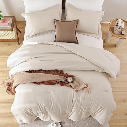 Miniatura 8 de JANZAA Juego de edredón de tamaño matrimonial de 7 piezas, juego de edredón de cama en una bolsa, edredón beige con sábanas de microfibra, fundas de