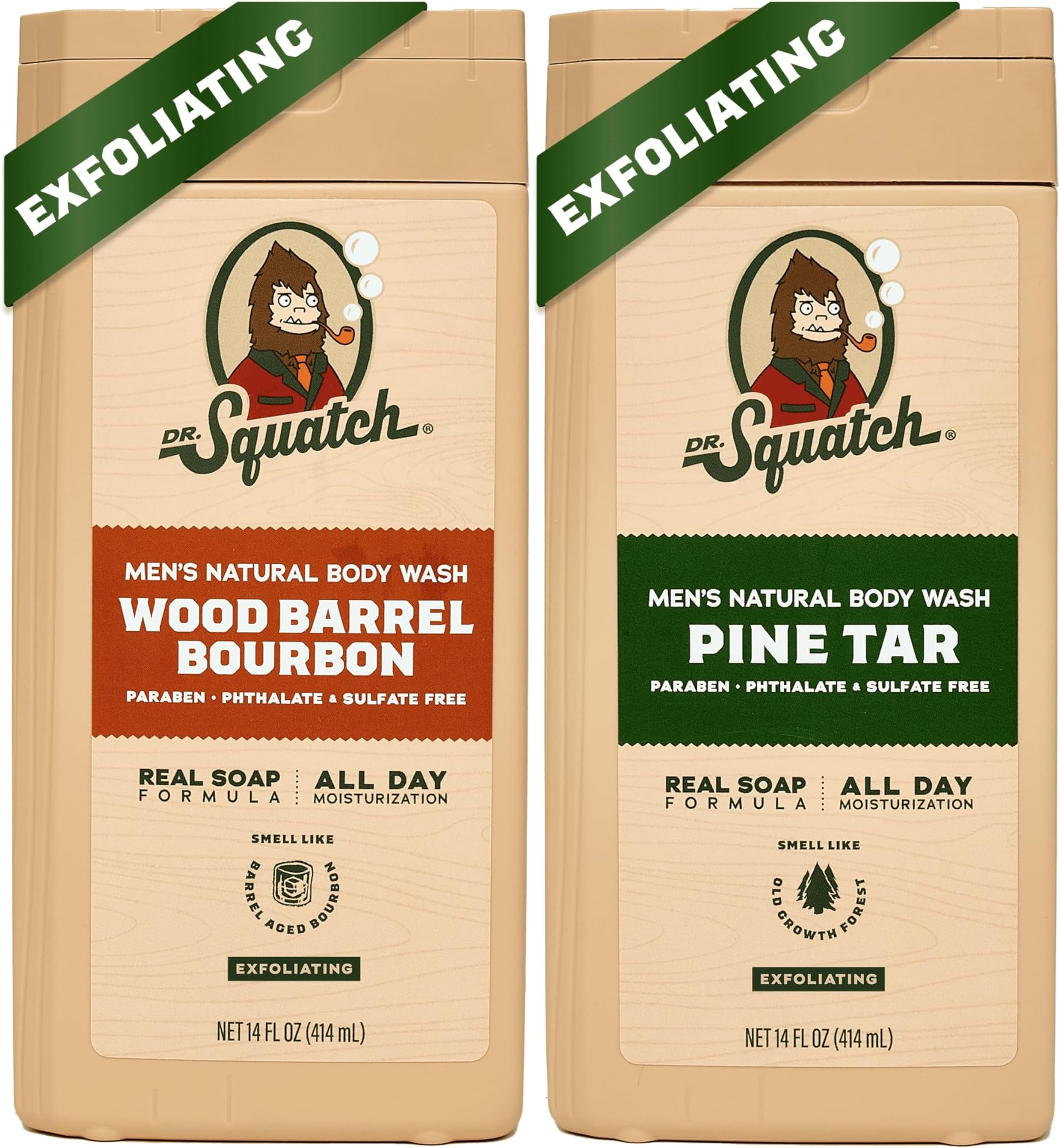 NEW Body Wash for Men with Nourishing, Natural Ingredients | No Paraben, Phthalate, Sulfate | All Day Moisture | Long Lasting Scent | Wood Barrel Bourbon & Pine Tar (14 oz, 2-Pack)