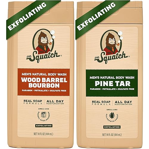 Dr. Squatch NEW Body Wash for Men with Nourishing, Natural Ingredients | No Paraben, Phthalate, Sulfate | All Day Moisture | Long Lasting Scent | Wood Barrel Bourbon & Pine Tar (14 oz, 2-Pack)