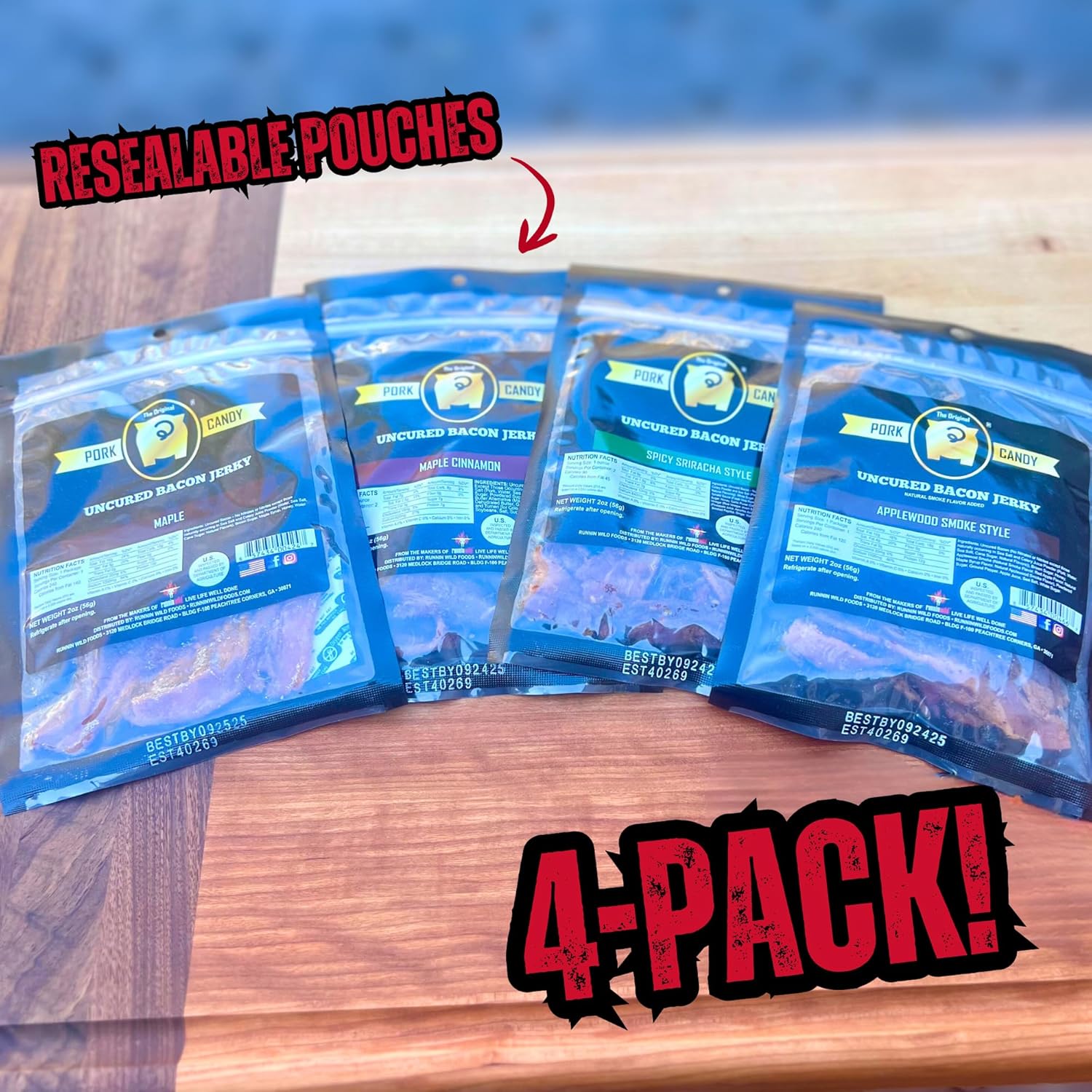 Delicious Bacon Jerky Gift Set for Men – Irresistible Variety Pack of Maple, Applewood, Spicy Sriracha & Cinnamon | Packed in Runnin’ Wild Burlap Bag | Fun, Flavor-Packed Gift for Dad