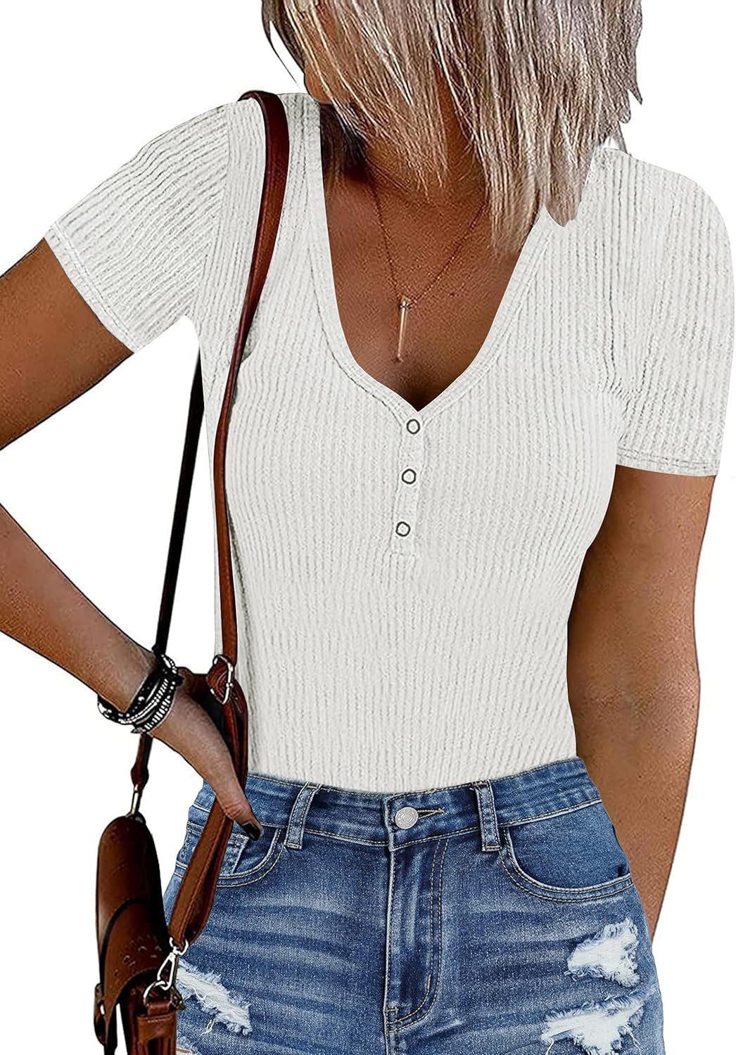 MEROKEETY Women’s Short Sleeve V Neck Ribbed Bodysuits Button Down Slim Fit Basic Knit Body Suits