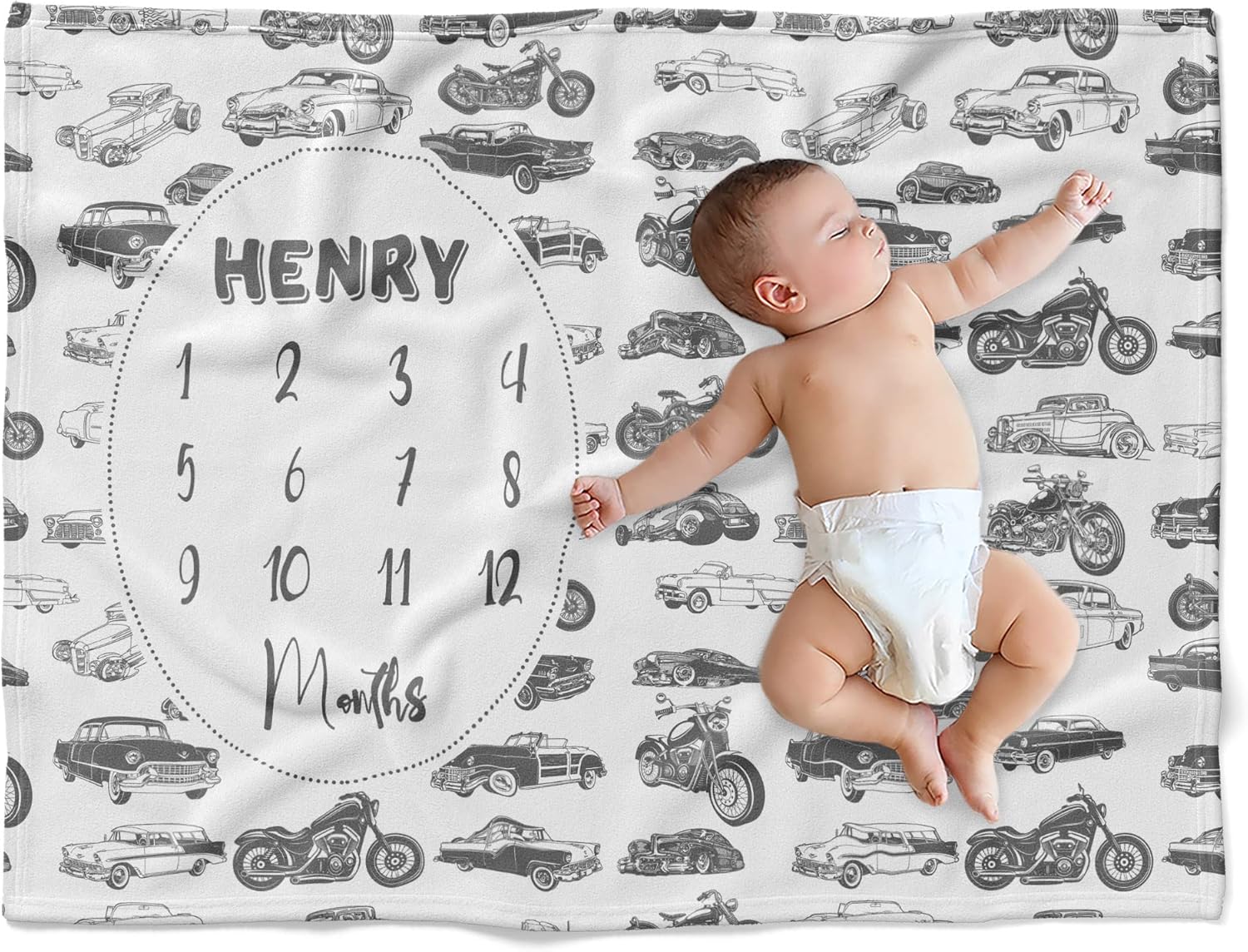 Personalized Car Theme Baby Blanket - Boy Swaddle, Monthly, Toddler Fleece With Name