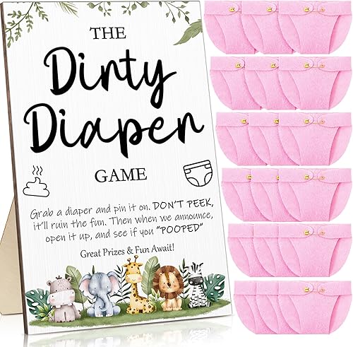 Roowest 51 piezas de pañales sucios para baby shower, divertidos letreros de madera con 50 mini pañales, lindo fieltro para fiesta de revelación de