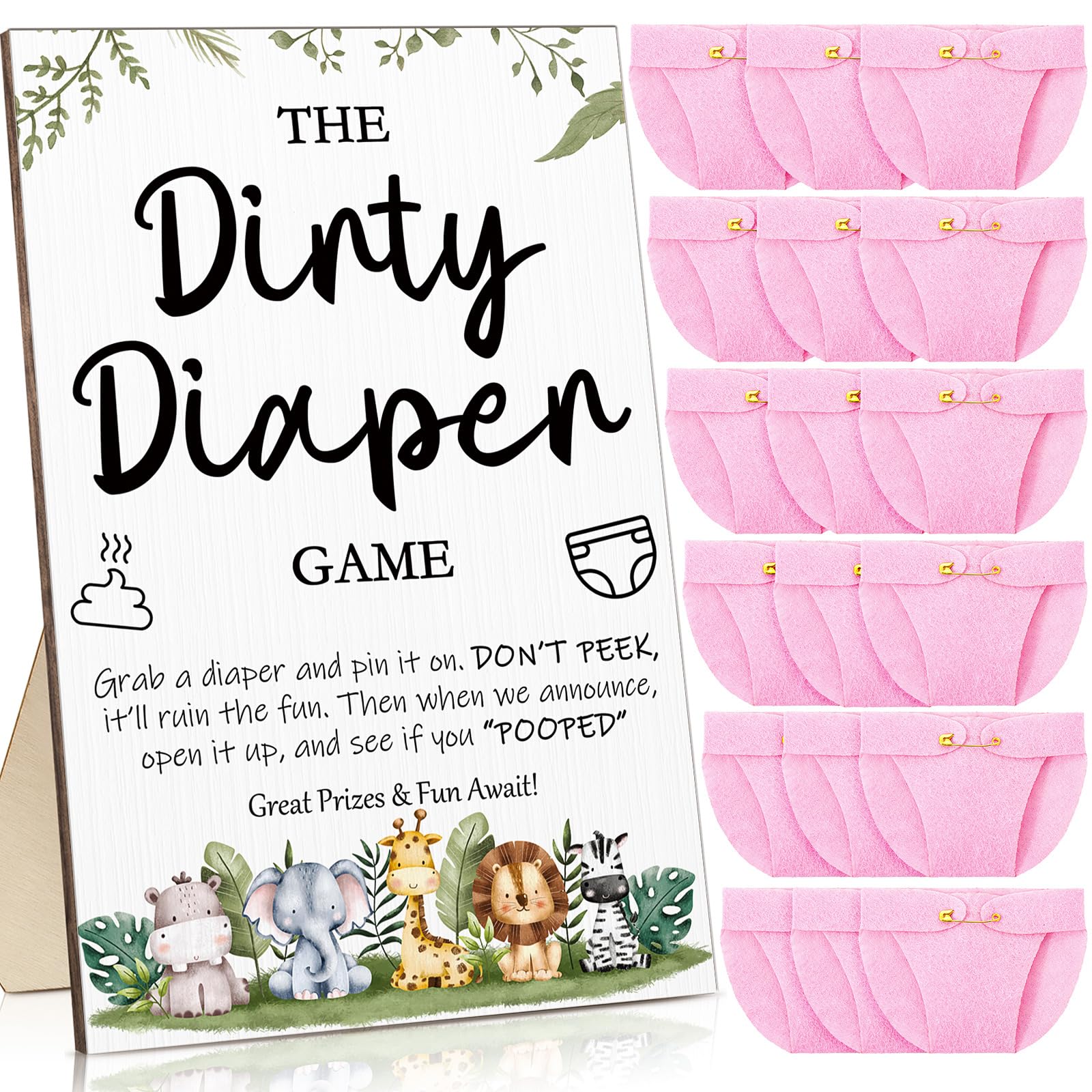 Roowest 51 Pcs Dirty Diaper Baby Shower Games Funny Wooden Sign with 50 Pcs Mini Diapers Cute Felt for Gender Reveal Party Baby Shower(Animals Pink)