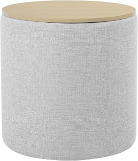 HomePop Light Gray Textured Woven Storage Ottoman with Wood Top - Modern Living Room Furniture