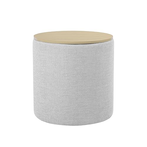 Storage Ottoman with Wood Top - Light Gray Textured Woven